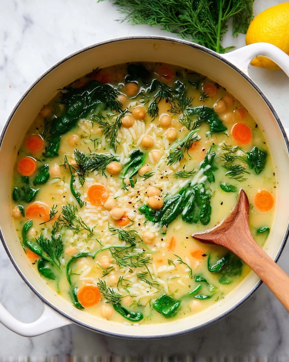 A white pot filled with creamy soup shows three main layers: the bottom layer is a light yellow broth with small orange carrot slices scattered throughout; the middle layer has small white rice grains and round beige chickpeas evenly spread; the top layer has bright green spinach leaves and sprigs of fresh dill floating on the surface. A wooden spoon is resting inside on the right side, slightly submerged in the soup. The pot is placed on a white marbled surface, with part of a lemon and some dill visible above. Photo taken with an iphone --ar 4:5 --v 7
