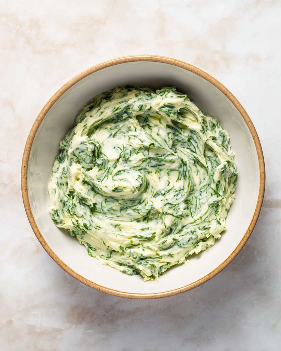 The image shows a single white bowl with a light brown rim on a white marbled surface. Inside the bowl is one thick layer of soft, creamy spread mixed with finely chopped leafy green herbs, giving it a textured look with swirls of light cream and bright green throughout. The mixture fills most of the bowl but does not reach the rim, creating an inviting and fresh appearance. photo taken with an iphone --ar 4:5 --v 7