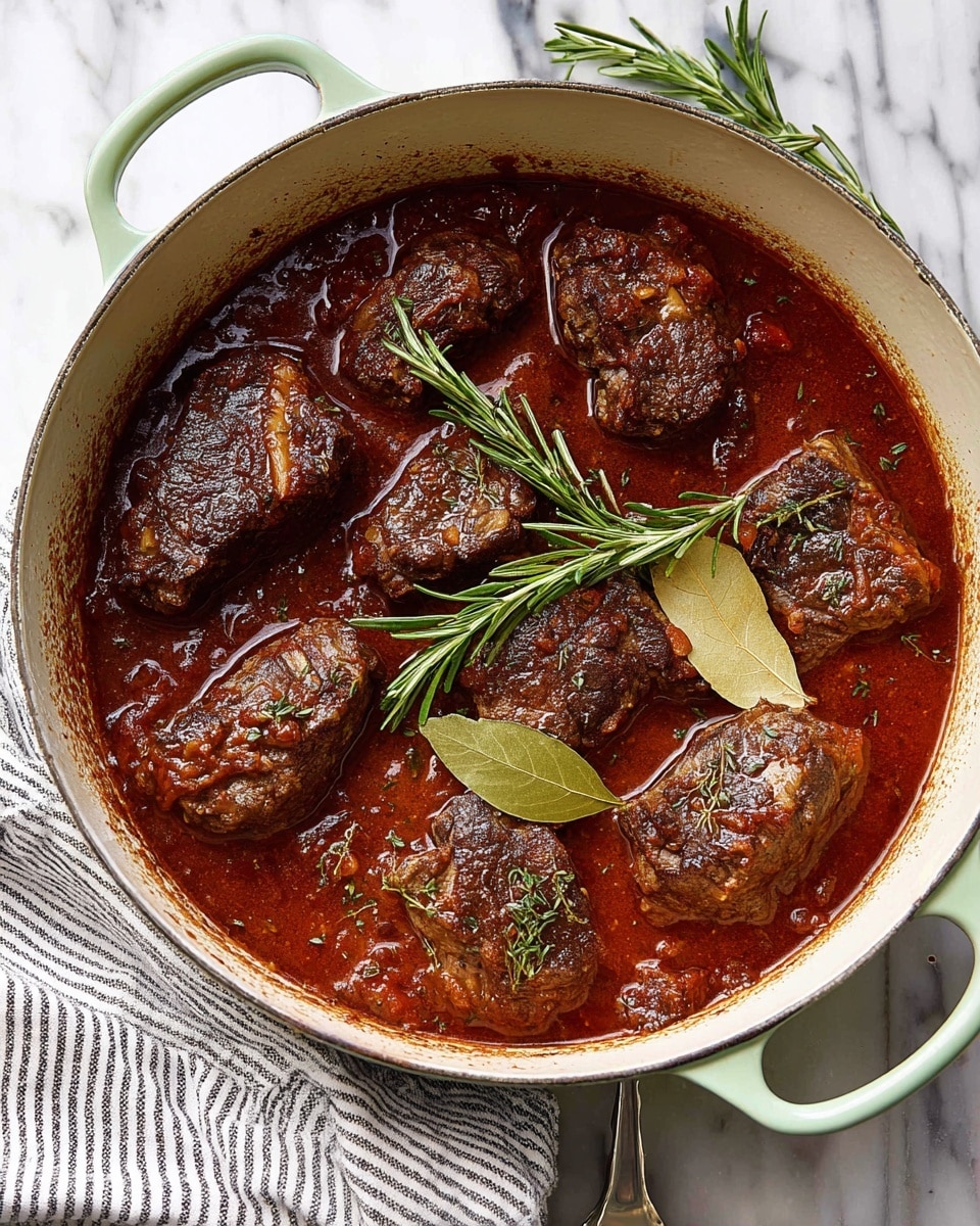 A white pot with light green handles contains eight browned meat pieces partly submerged in a rich, dark red sauce with visible herbs and tomato chunks. Two fresh green rosemary sprigs and two tan bay leaves float on top. The pot rests on a white marbled surface with a striped cloth nearby. The sauce looks thick and savory, and the meat varies in size and shape, displaying a textured, seared exterior. photo taken with an iphone --ar 4:5 --v 7