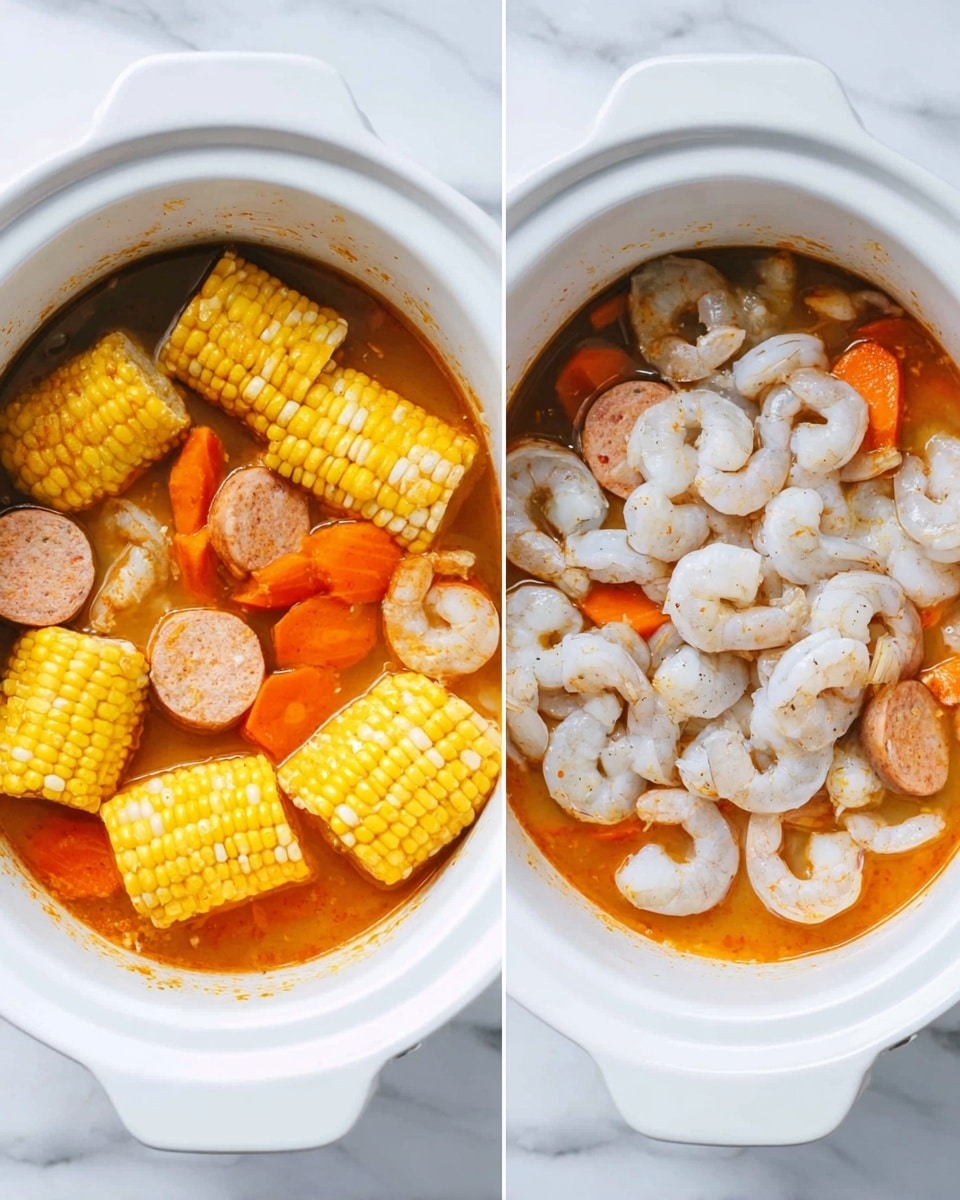 The image shows two white slow cooker dishes side by side on a white marbled surface. The left dish contains a bright orange broth with several pieces of corn on the cob cut into chunks floating along with a few sliced carrots and small round sausage pieces. The right dish has the same orange broth with corn and carrot pieces at the bottom, visible around the edges, topped with a large pile of raw white shrimp covering most of the surface, and sausage slices near the top edge. The shrimp have a slightly translucent texture. Photo taken with an iphone --ar 4:5 --v 7