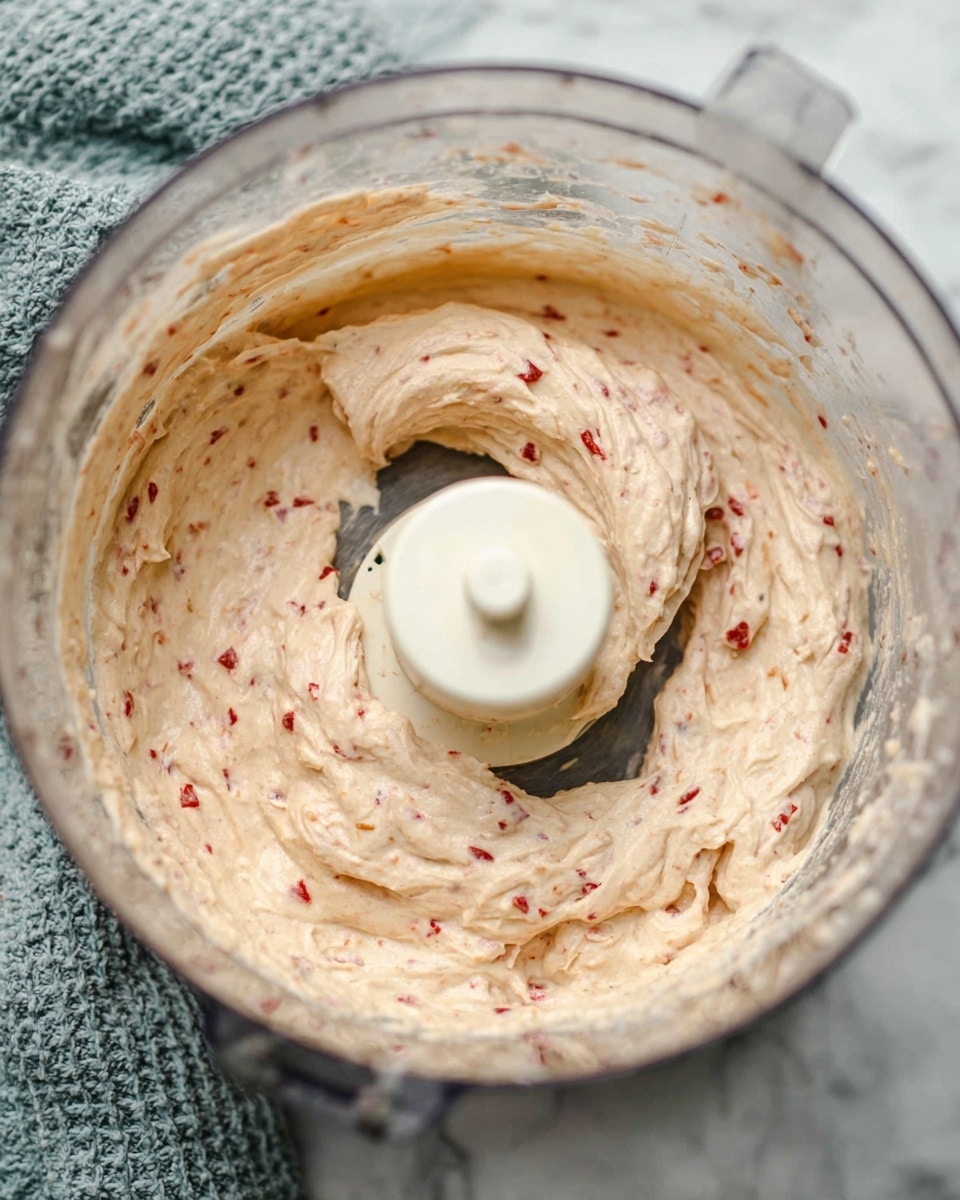 A clear food processor bowl filled with a creamy mixture that is light beige with small red pieces mixed throughout, showing a thick and smooth texture. The mixture surrounds a white central plastic spindle of the food processor. The bowl sits on a white marbled surface with part of a blue-gray textured cloth visible to the side. The creamy mixture looks freshly blended and evenly spread around the inside of the bowl. Photo taken with an iphone --ar 4:5 --v 7