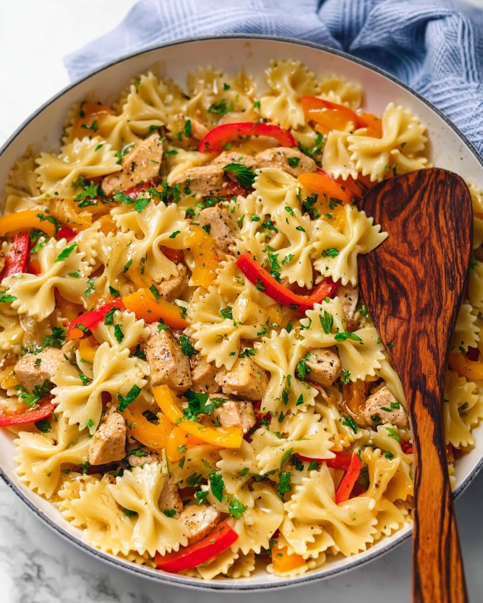 A white pan filled with farfalle pasta mixed with light brown pieces of cooked chicken and sliced bell peppers in red, yellow, and orange colors. The pasta is sprinkled with fresh chopped green parsley. A wooden spoon with rich brown swirling wood grain rests on the right side, partially inside the pan. The pan sits on a white marbled surface, with a soft, out-of-focus blue and white cloth in the background. The dish looks warm, colorful, and fresh, with a soft light highlighting the textures of the pasta and vegetables. photo taken with an iphone --ar 4:5 --v 7