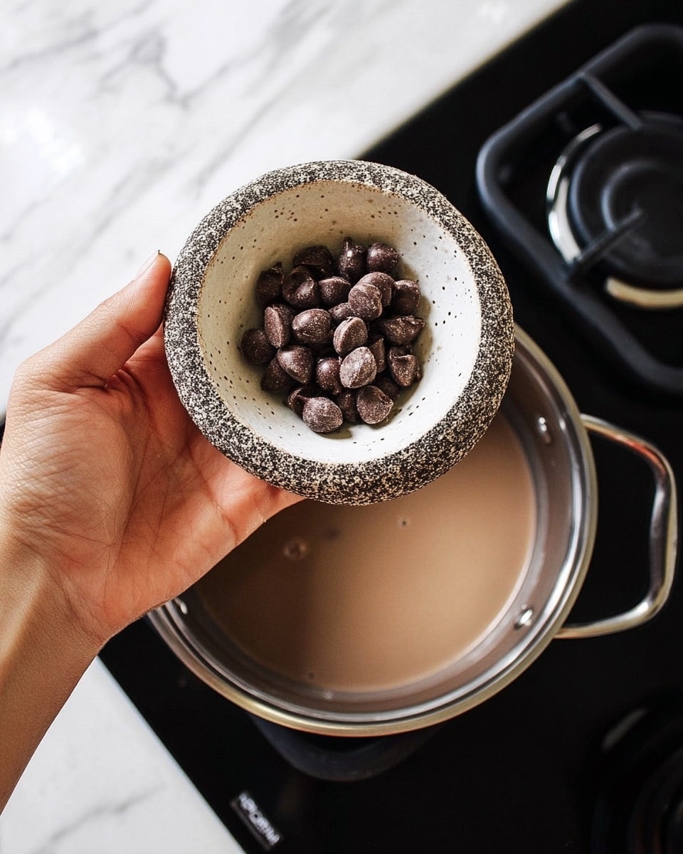 A woman's hand holds a small, round bowl with a rough, speckled outer texture and a smooth white inside, filled with dark brown chocolate chips. The bowl is positioned above a pot filled with a light brown liquid, likely chocolate being melted on a stove. The pot is stainless steel with a black handle, sitting on a black stove top. The background is a white marbled surface. photo taken with an iphone --ar 4:5 --v 7