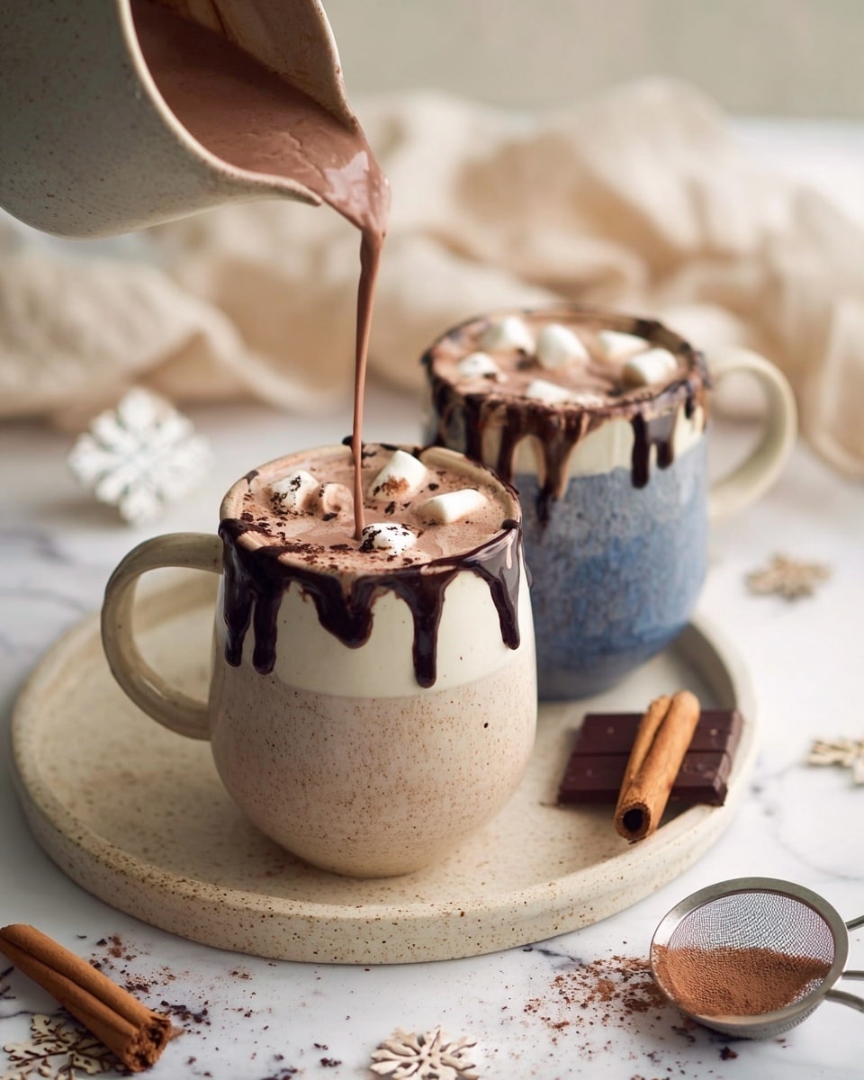 Two mugs filled with hot chocolate are placed on a speckled beige tray on a white marbled surface. Each mug has two layers: the bottom half is matte brown and blue respectively, and the top half is creamy white with dark chocolate dripping down the sides. The hot chocolate inside is topped with small marshmallows and sprinkled cocoa powder. In the background, a woman's hand pours a stream of hot chocolate into the mug in the front. Nearby on the white marbled surface, there are two cinnamon sticks, a small piece of chocolate, and a small metal sieve with cocoa powder dust around it. A beige cloth and white decorative snowflakes are softly blurred in the background. Photo taken with an iphone --ar 4:5 --v 7