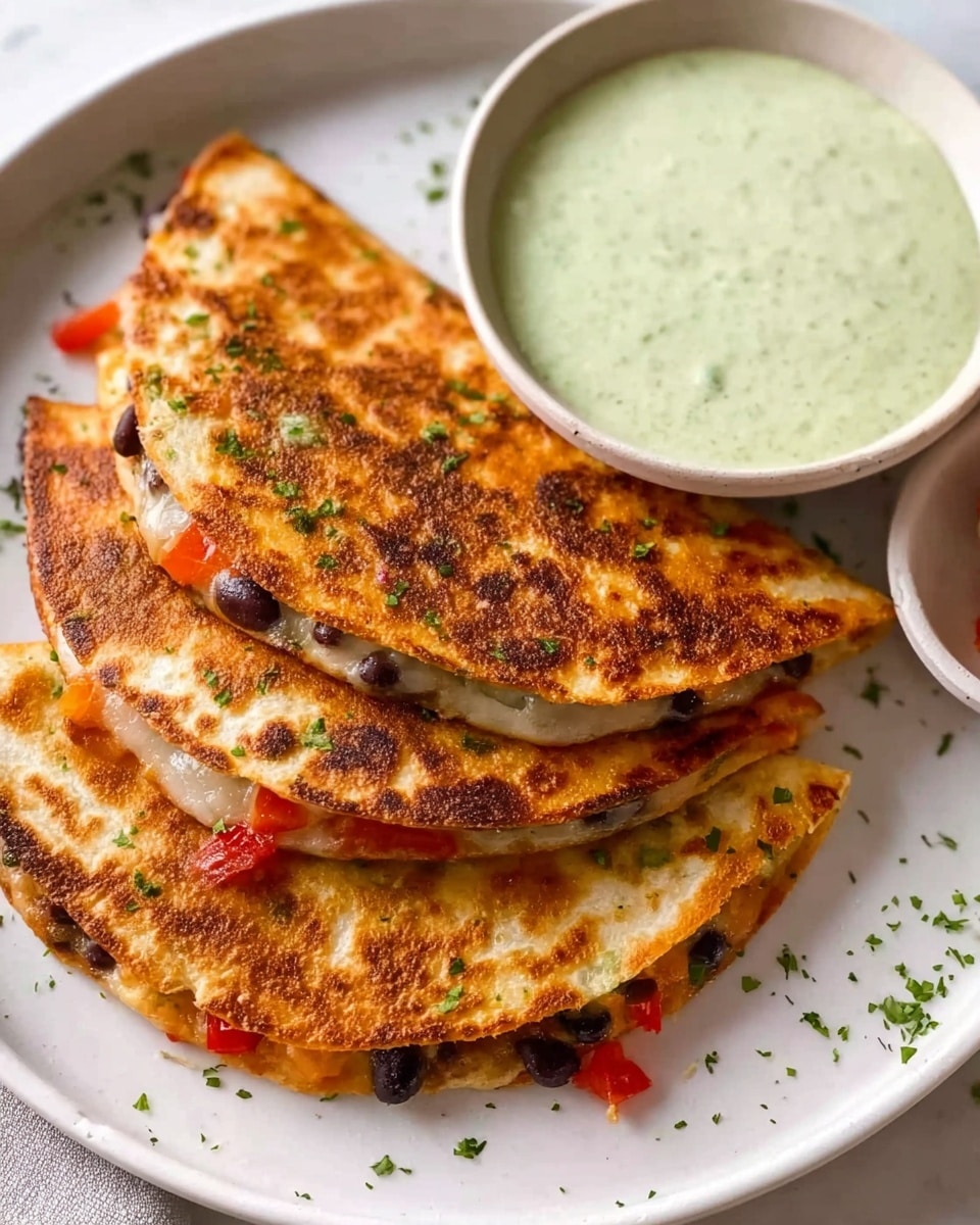 Three folded quesadillas are stacked slightly overlapping on a white plate with a white marbled background. Each quesadilla has a golden-brown toasted outer layer with some darker spots and is sprinkled with small bits of chopped green herbs. Between the two visible layers of the crispy tortilla is a filling of black beans and small pieces of red bell pepper. On the side of the plate is a small round bowl filled with pale green creamy dip with a smooth texture. The overall look is warm and inviting, showing a close view from the top with natural light illuminating the textures. Photo taken with an iphone --ar 4:5 --v 7
