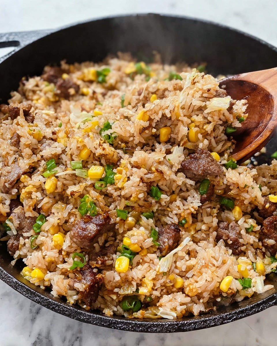 A close-up view of a black cast iron pan filled with cooked fried rice mixed with pieces of browned meat and yellow corn kernels. The rice has a light brown color with some crispy darker spots, and thin slices of onions and green onion bits are scattered throughout. A wooden spoon is partially visible lifting part of the rice, and steam rises gently from the dish. The pan sits on a white marbled surface. photo taken with an iphone --ar 4:5 --v 7