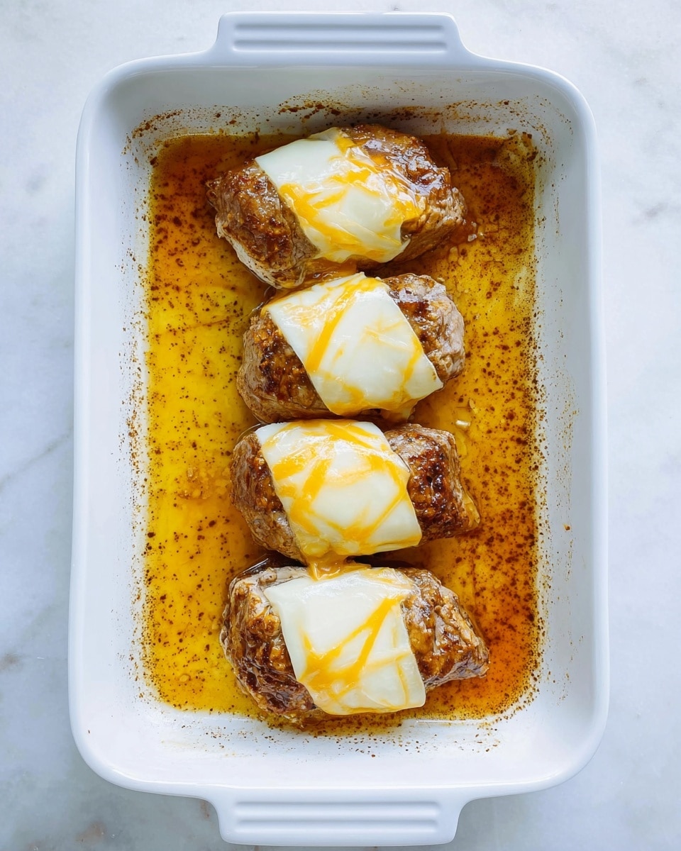 A white baking dish holds four pieces of cooked meat arranged in a single row. Each piece is topped with a slice of yellow and white marbled cheese, partially melted and covering the meat. The bottom of the dish shows browned juices and oil from cooking, creating a golden-brown textured layer around the meat. The background is a white marbled surface. photo taken with an iphone --ar 4:5 --v 7