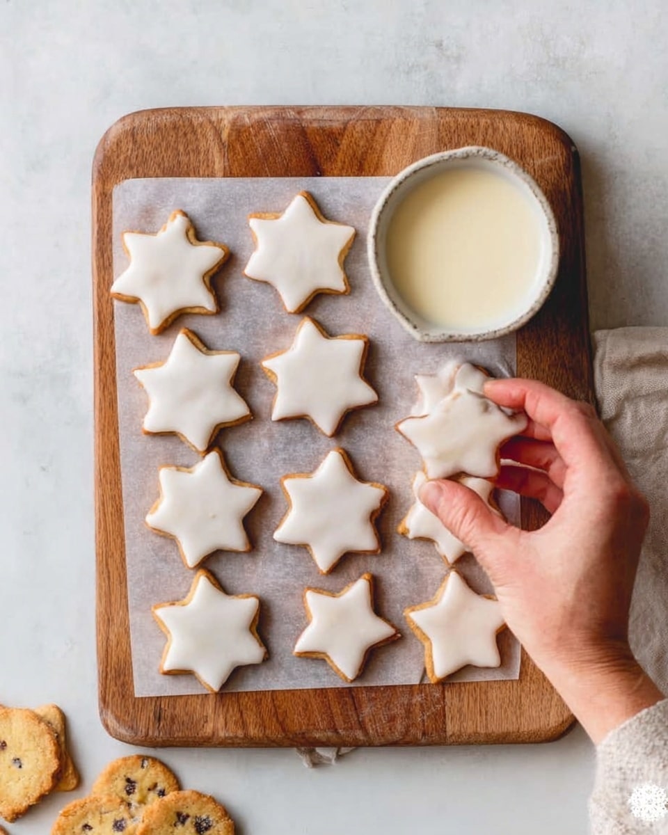 The image shows a white marbled surface with a rectangle of parchment paper on a wooden board. On the parchment paper are 12 star-shaped cookies, arranged in 3 rows and 4 columns. The top 9 cookies are covered with a smooth white icing, while the bottom 3 cookies are plain and golden brown with visible bits inside. A woman's hand is holding one iced star cookie over a small white bowl filled with the same white icing. The scene is softly lit with a casual, homey feel. Photo taken with an iphone --ar 4:5 --v 7