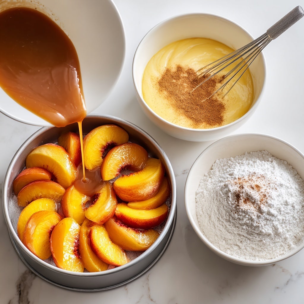 A round cake pan lined with neatly arranged peach slices forms the base layer, the peach slices showing bright orange and yellow colors with a soft texture, arranged in a circular pattern around the pan. On top, a glossy caramel sauce with a golden brown hue is slowly being poured over the peaches, lightly dusted with cinnamon powder in a dusty reddish-brown shade. In a white bowl nearby, a creamy yellow batter made from beaten butter and sugar shows a soft, fluffy texture. Another white bowl beside it contains a mix of light yellow wet batter topped with a heap of white flour and a small sprinkle of brown cinnamon powder, with a metal whisk resting inside. The entire scene is set on a white marbled surface with soft natural lighting. Photo taken with an iphone --ar 4:5 --v 7