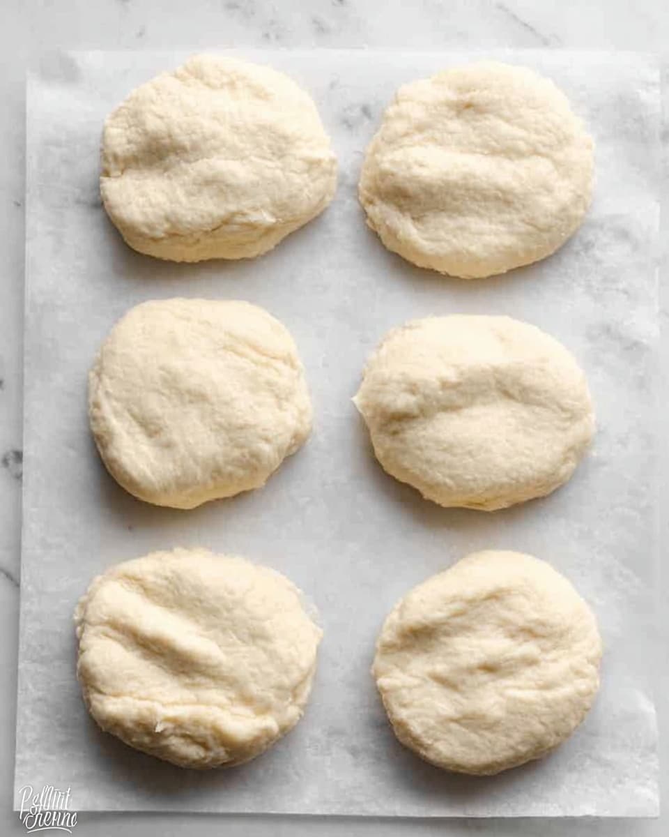 The image shows six small, round dough pieces placed in two rows of three on a white marbled surface lined with parchment paper. Each dough piece has a pale cream color with a soft, smooth texture and slightly uneven edges. The dough pieces appear flattened but thick, suggesting they are ready for the next step in baking. The overall setting is simple and clean with no additional items visible. photo taken with an iphone --ar 4:5 --v 7