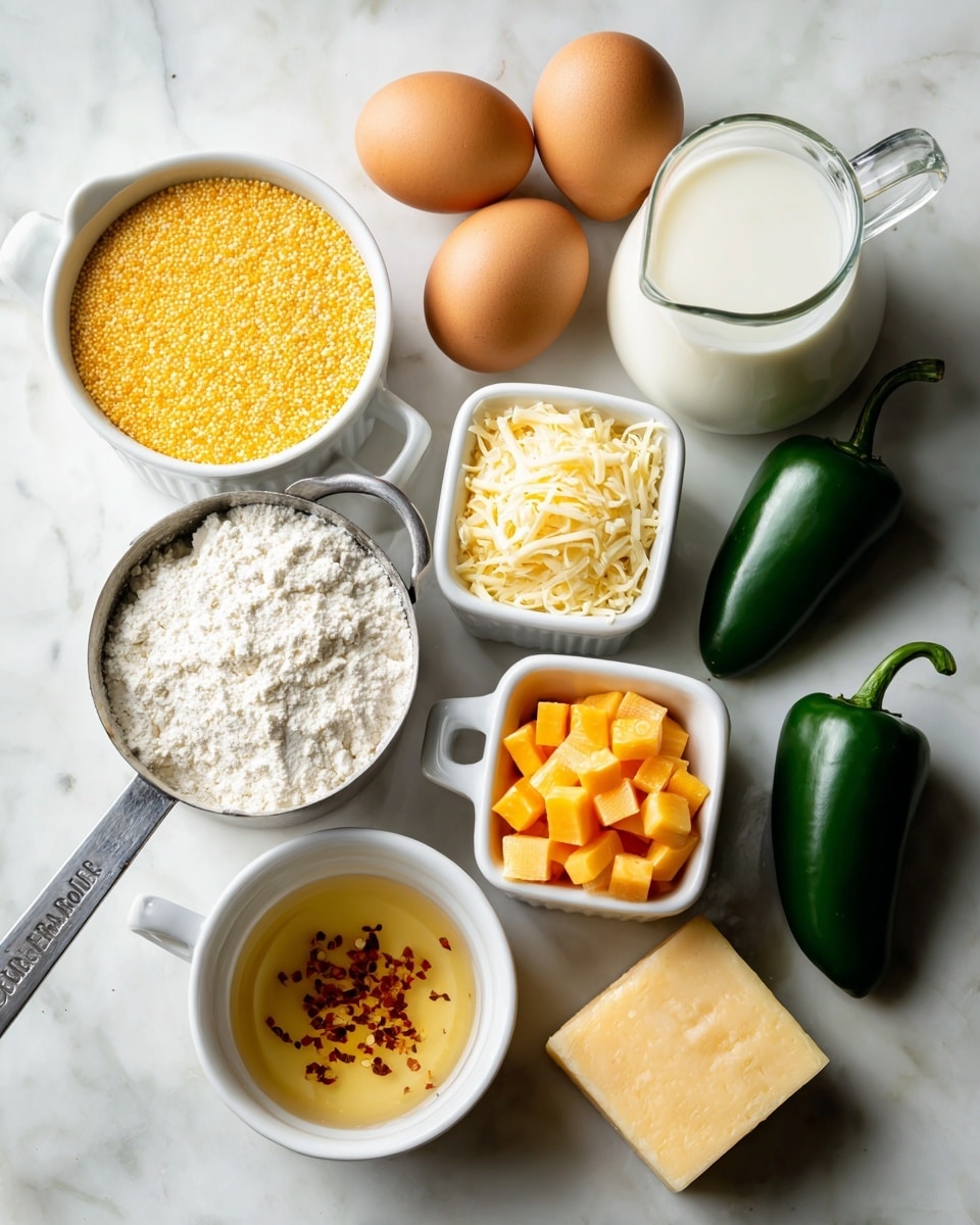 The image shows four steps of making a batter in a white bowl on a white marbled surface. In the first step, dry ingredients in three sections of the bowl include white flour, yellow cornmeal, and white baking powder or sugar. Around the bowl are small white ramekins with shredded cheese and chopped green peppers, a metal cup with melted butter, and two brown eggs. The second step shows a woman's hand pouring a brown liquid with red flakes from a small white bowl into a larger white bowl with a yellow egg mixture and a metal whisk inside. The third step shows the mixed batter with green chopped peppers and orange cubed cheese added on top in the white bowl. In the fourth step, the thick batter is being poured from the white bowl into a black cast iron skillet, with a wooden spoon resting inside the skillet. Photo taken with an iphone --ar 4:5 --v 7