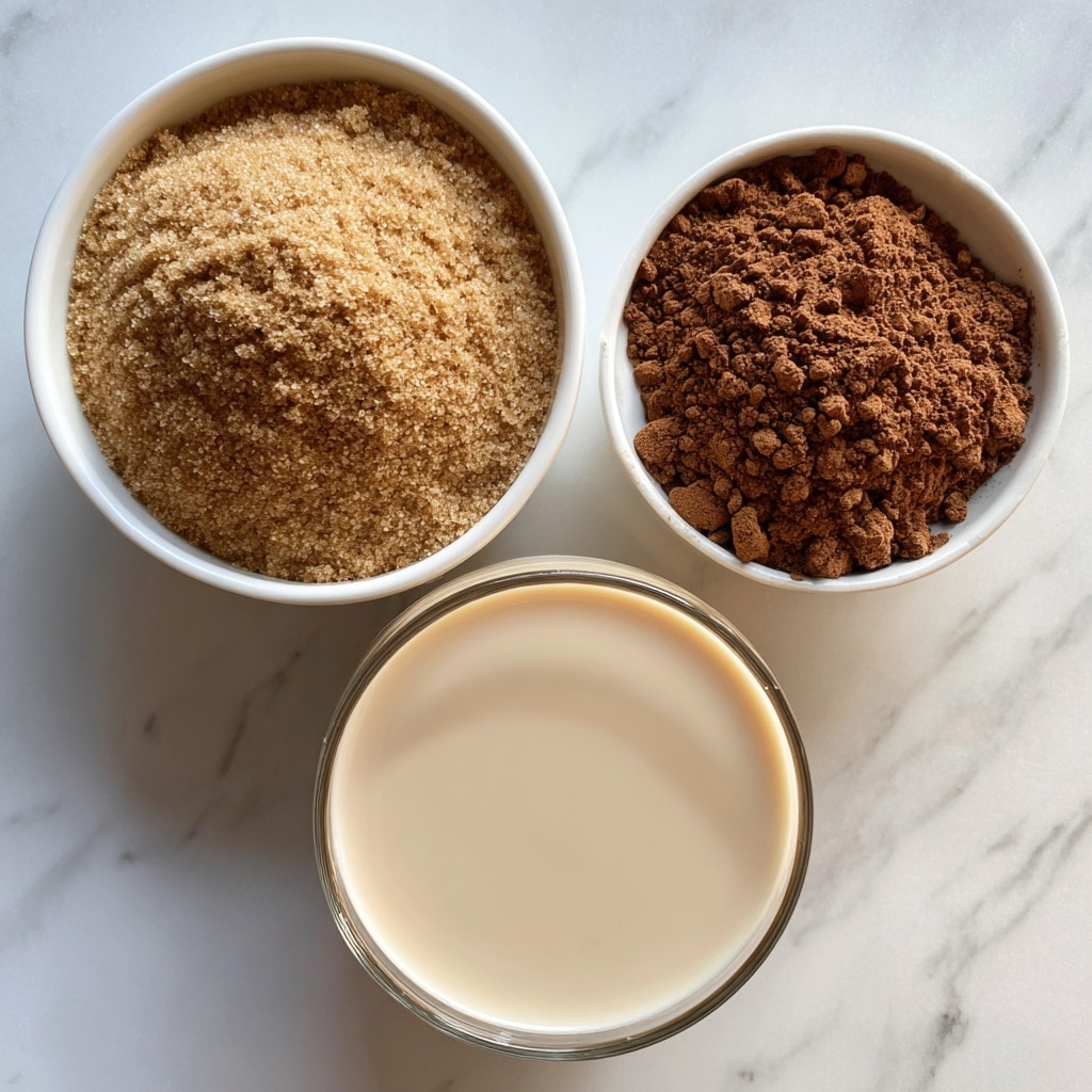 The image shows three items placed on a white marbled surface: at the top left, a white bowl filled with light brown sugar labeled