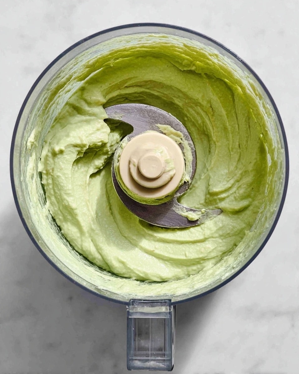 A clear food processor bowl sits on a white marbled surface, filled with smooth, light green avocado cream. The mixture evenly coats the inside of the bowl around silver blades with a beige central hub, showing a creamy texture with some small lumps. The scene is brightly lit with soft shadows inside the bowl, capturing the fresh, thick avocado cream in detail photo taken with an iphone --ar 4:5 --v 7