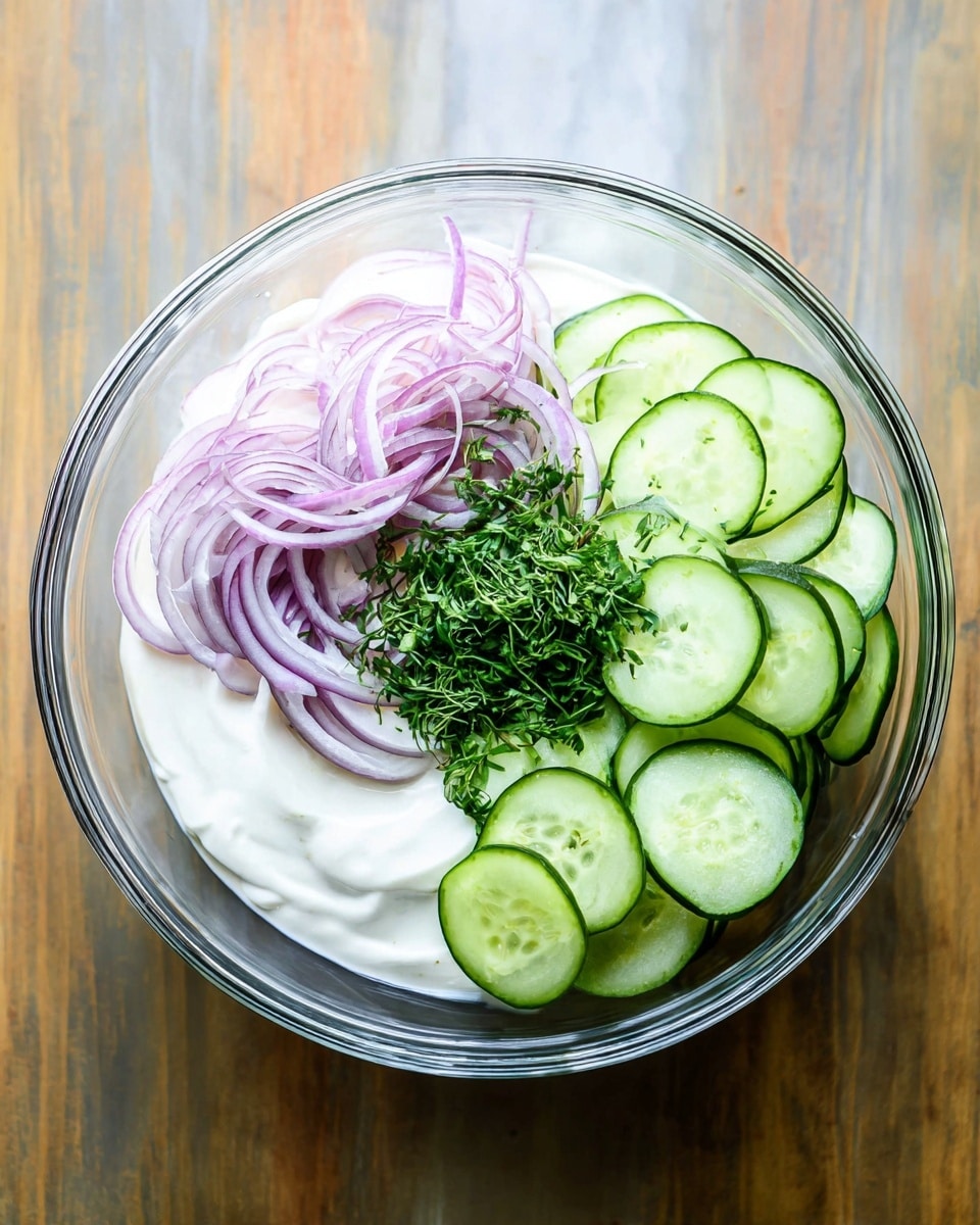 A clear glass bowl sits on a white marbled surface, filled with four main layers arranged side by side. The bottom layer is a thick white creamy sauce that covers the entire base of the bowl. On the right side, there are many thin, round, light green cucumber slices stacked in a neat pile with dark green edges. On the left side, there are thin strips of light purple onion with white inner parts, fanning out slightly. In the center, a small pile of fresh, finely chopped green herbs sits between the cucumbers and onions, adding a textured look. Photo taken with an iphone --ar 4:5 --v 7