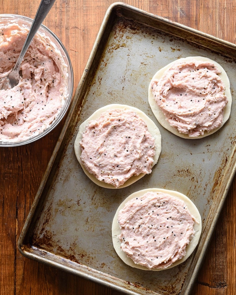The image shows three small, round dough bases each covered with a spread of light pink, smooth meat mixture on a slightly used baking tray. The dough looks soft and white, while the meat spread has a moist, creamy texture with a few visible black pepper spots and uneven smoothed edges. To the top left, there is a clear glass bowl filled with more of the same pink meat mixture, and a metal spoon is lying inside it. All items are placed on a wooden surface. photo taken with an iphone --ar 4:5 --v 7