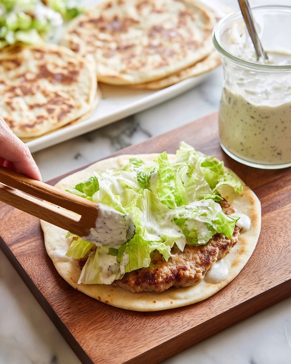 The image shows a white flatbread laid flat on a wooden board as the base layer, topped with a thin, browned patty that looks slightly crispy. On top of the patty is a layer of fresh, green chopped lettuce with creamy white dressing mixed in, being placed by wooden tongs held by a woman's hand. In the background, there are two more flatbreads with patties on a white dish, and a clear glass container filled with white sauce with black specks, all set against a white marbled surface. Photo taken with an iphone --ar 4:5 --v 7