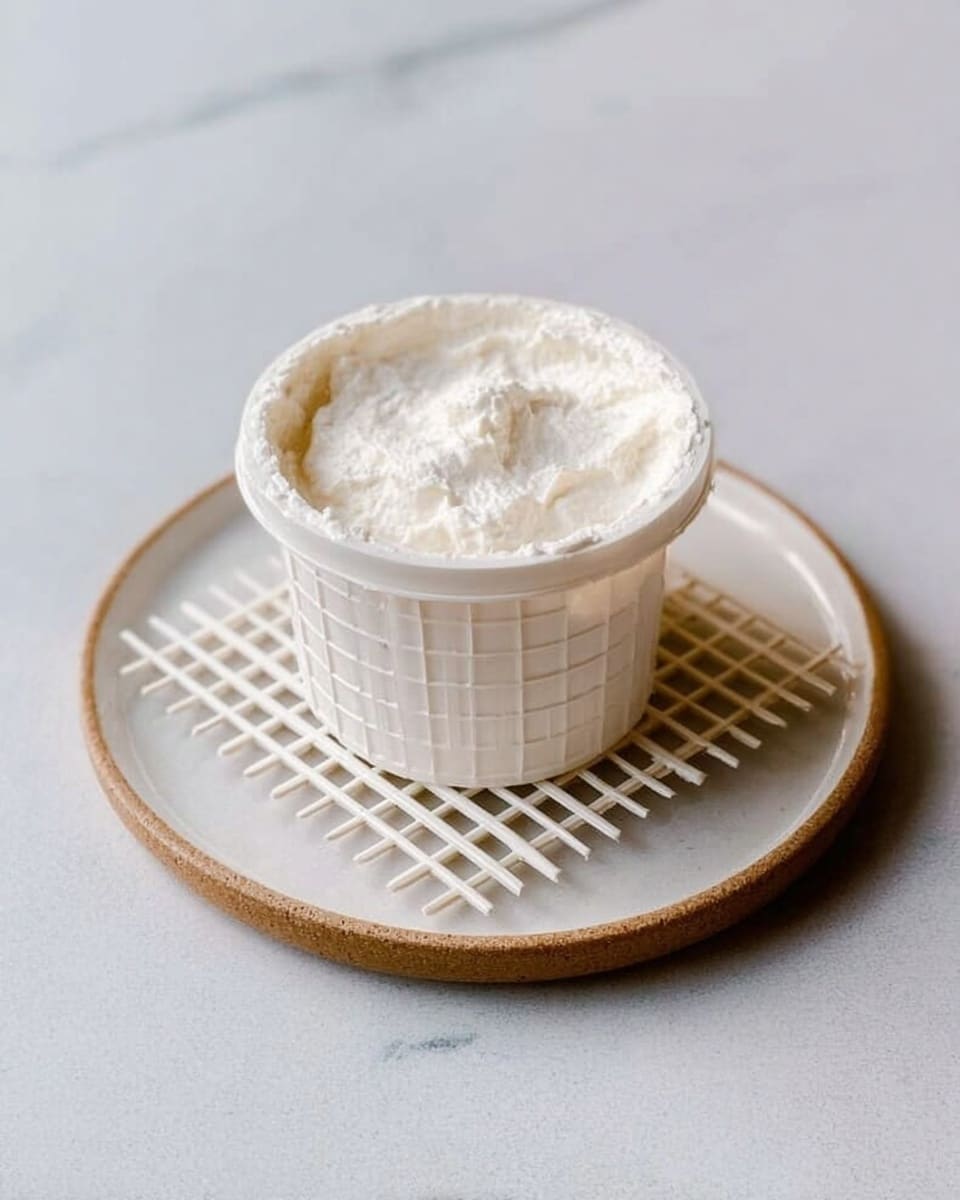 A small white plastic container with a textured grid pattern holds a thick, white creamy substance that fills it to the top, placed centrally on a round white plate with a rustic finish. Underneath the container is a white lattice grid resting flat on the plate. The plate is set on a white marbled surface with subtle gray veins. The overall look is clean and simple, focused on the creamy texture and the contrasting grid patterns. photo taken with an iphone --ar 4:5 --v 7