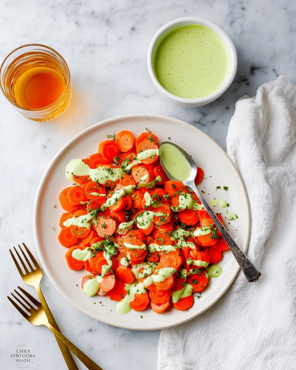 A white plate holds several roasted carrot pieces arranged in a loose pile, each carrot slice showing a shiny, glazed orange surface with slight browning on some edges, and sprinkled with small green herb bits on top. To the top left of the plate is a small white bowl filled with a pale green creamy sauce, also sprinkled with fresh green herbs. Below the plate, a gold spoon and fork rest side by side on the grey surface. A white cloth is draped casually on the right side of the setting. The entire scene is set on a white marbled textured surface. Photo taken with an iphone --ar 4:5 --v 7