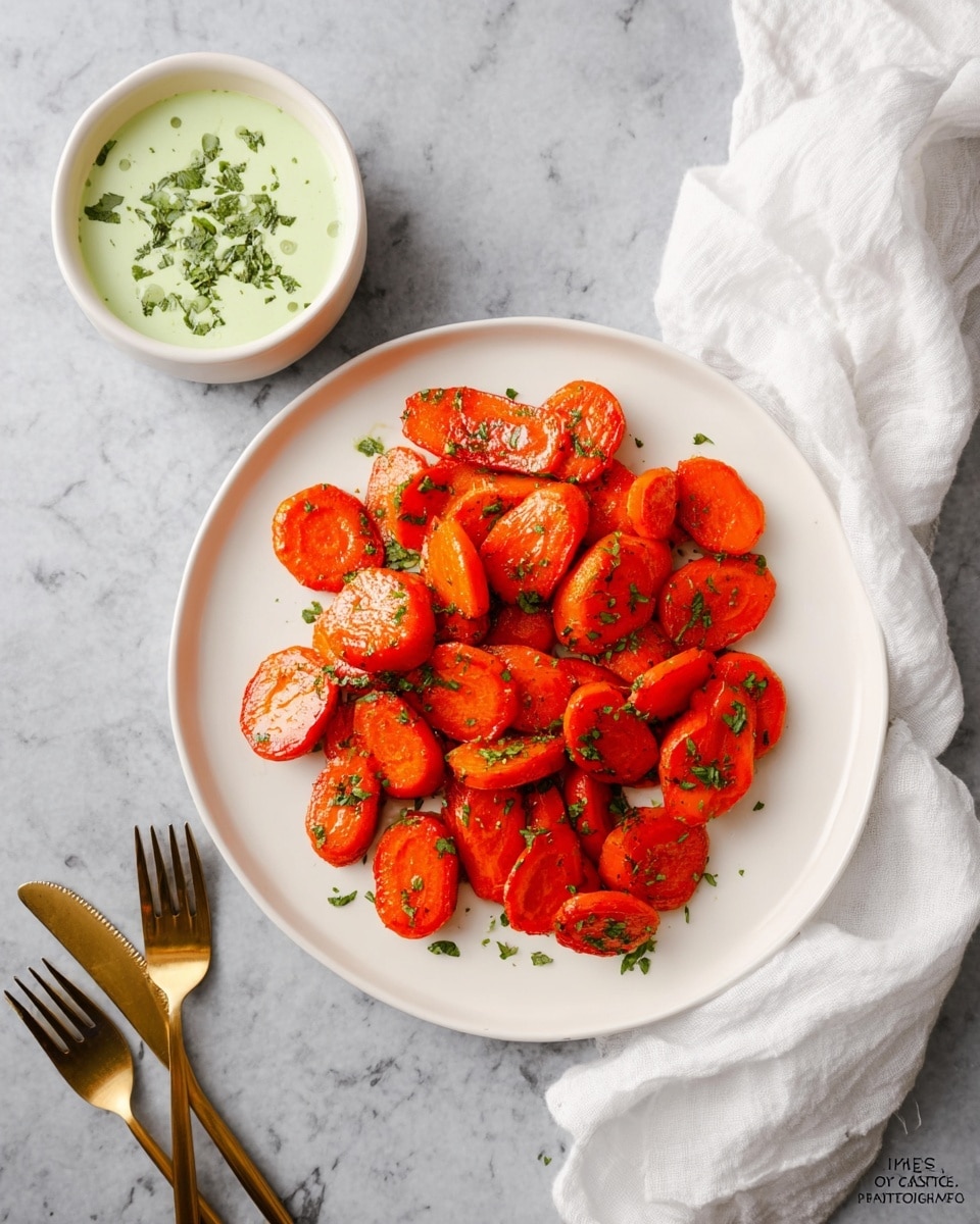 A white plate with a pile of sliced cooked carrots, bright orange and shiny in texture, placed on a white marbled surface. The carrots are drizzled with a light green creamy sauce sprinkled with finely chopped herbs. A white bowl filled with the same green sauce sits above the plate, with a spoon resting on the plate partially covered in sauce. To the left of the plate is a glass of amber-colored drink, and below the plate on the marble are a gold fork and spoon placed side by side. A white cloth napkin is casually placed to the right side of the setup. Photo taken with an iphone --ar 4:5 --v 7