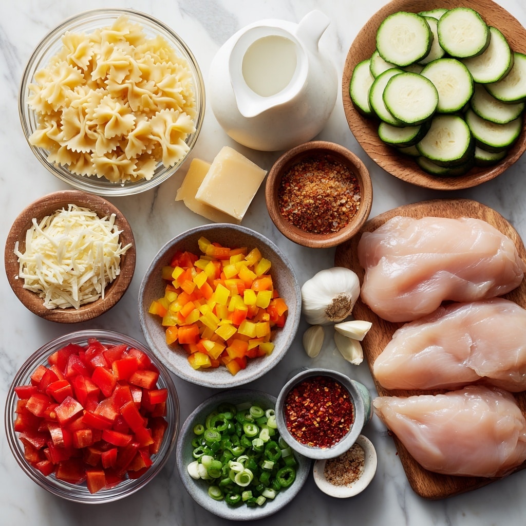 The image shows an organized layout of different ingredients arranged on a white marbled surface. There are clear glass bowls containing pale yellow bowtie pasta in the top left, thin green zucchini slices in the middle right, and raw light pink chicken breasts in the top right. Next to the chicken is a small wooden bowl with brownish-orange cajun seasoning and a wedge of pale yellow parmesan cheese. At the top center, there is a glass jug filled with white half and half cream. In smaller containers, there are bright red diced tomatoes, orange diced bell peppers, and finely chopped green jalapeño in white and gray bowls placed at the bottom and right. There are also small wooden bowls with red pepper flakes and rich red tomato paste, and a gray bowl with sliced green onions. A single white garlic clove is placed near the center. The overall arrangement shows clear separation of colors with earthy tones from wooden bowls and fresh vegetables contrasting with the white marbled background. photo taken with an iphone --ar 4:5 --v 7