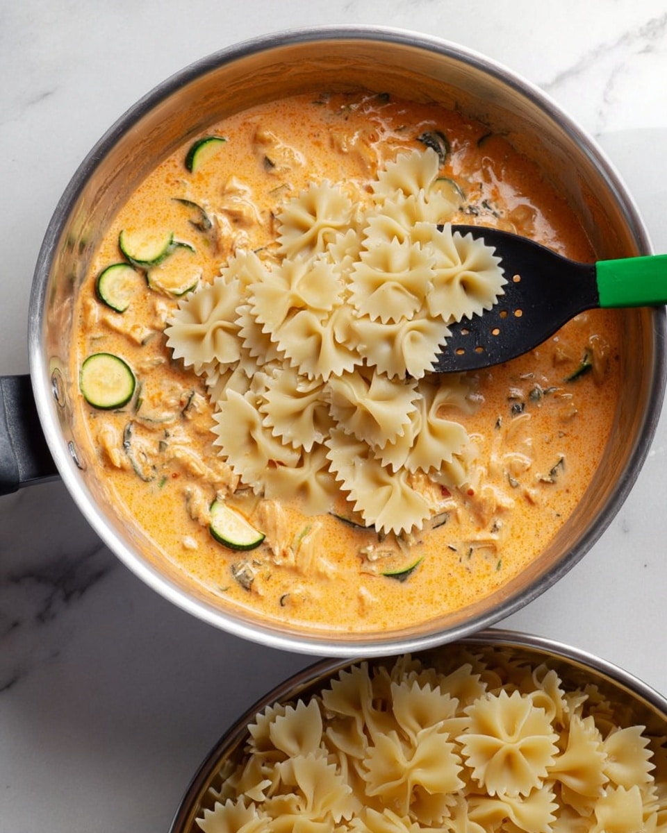 A close-up view of a stainless steel pan filled with creamy orange sauce mixed with small zucchini slices and bits of protein pieces, resting on a white marbled surface. Above the pan, a black slotted spoon with a green handle holds a portion of uncooked bow-tie pasta, positioned as if about to place it into the sauce. Below the pan, a stainless steel bowl filled with more uncooked bow-tie pasta is visible. The overall image shows the cooking process with fresh pasta about to be added to a rich sauce photo taken with an iphone --ar 4:5 --v 7