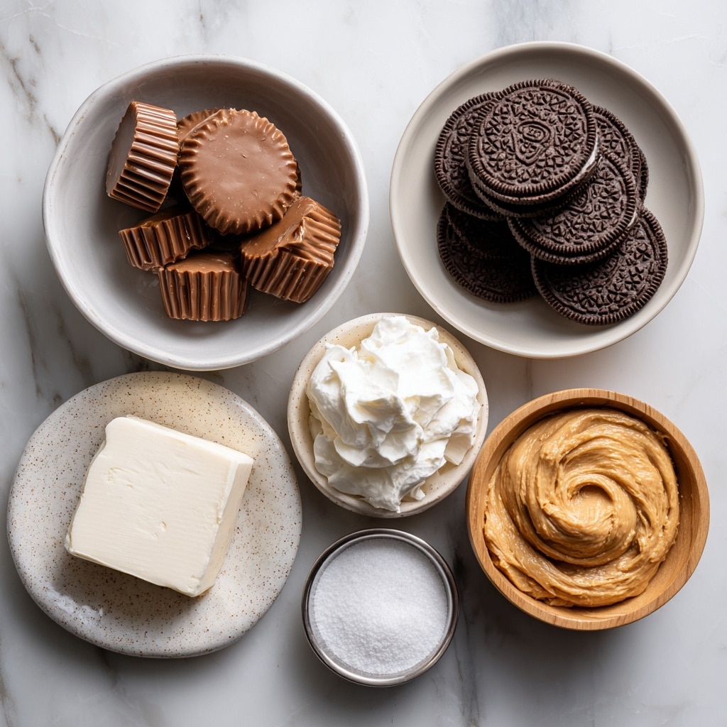 The image shows six bowls arranged on a white marbled surface filled with ingredients for a dessert. Starting from the top left, a white bowl holds multiple brown peanut butter cups with ridged edges and smooth tops. To the right, a larger white bowl is filled with stacked dark brown Oreo cookies, their detailed patterned tops visible. Below to the left, a small white speckled plate has a block of creamy white cream cheese with a smooth texture. To the right of the cream cheese, a light wooden bowl contains a swirling dollop of rich, light brown peanut butter. At the bottom center, a small silver bowl holds pure white powdered sugar with a fine, powdery texture. To the left of the powdered sugar, a portion of white cool whip with a soft, airy texture is placed on the marbled surface. The ingredients are neatly arranged with even lighting. Photo taken with an iphone --ar 4:5 --v 7