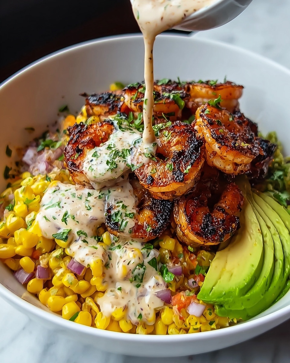 Grilled Shrimp Bowl with Avocado, Corn Salsa & Creamy Garlic Sauce Recipe - Recipe Image