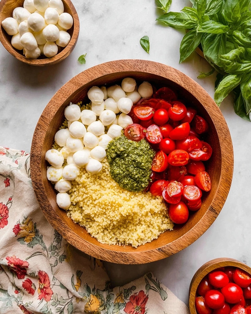A wooden bowl on a white marbled surface holds a three-layer dish arranged side by side: the bottom layer is yellow bulgur with a grainy texture filling most of the bowl, topped near the center with a small dollop of green pesto sauce that has a rough, slightly oily look; to the right, bright red cherry tomato halves are packed closely, with smooth, shiny skins and visible seeds; below and on the left, there are many small white mozzarella balls round and smooth, creating a contrast with the other colors. Around the bowl, there are fresh green basil leaves, a small wooden bowl with whole cherry tomatoes, another small wooden bowl with mozzarella balls, and a beige floral cloth. photo taken with an iphone --ar 4:5 --v 7