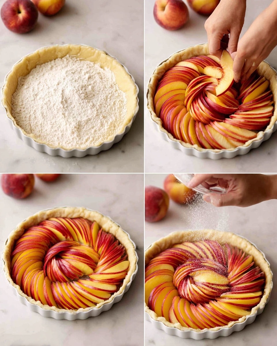 A four-image collage shows the process of making a fruit tart in a white scalloped-edge tart pan on a white marbled surface. In the first image, a layer of flour or sugar is spread evenly on the raw tart dough. In the second image, a woman's hand is placing thin slices of red and yellow peach slices in a circular pattern along the edge of the tart over the flour or sugar layer. The third image shows the peach slices layered densely in a spiral pattern coming towards the center, with the woman's hand adding the final slices. The fourth image shows a close-up of the filled tart being sprinkled with sugar or a similar powder from above, highlighting the layers of colorful peach slices. Photo taken with an iphone --ar 4:5 --v 7