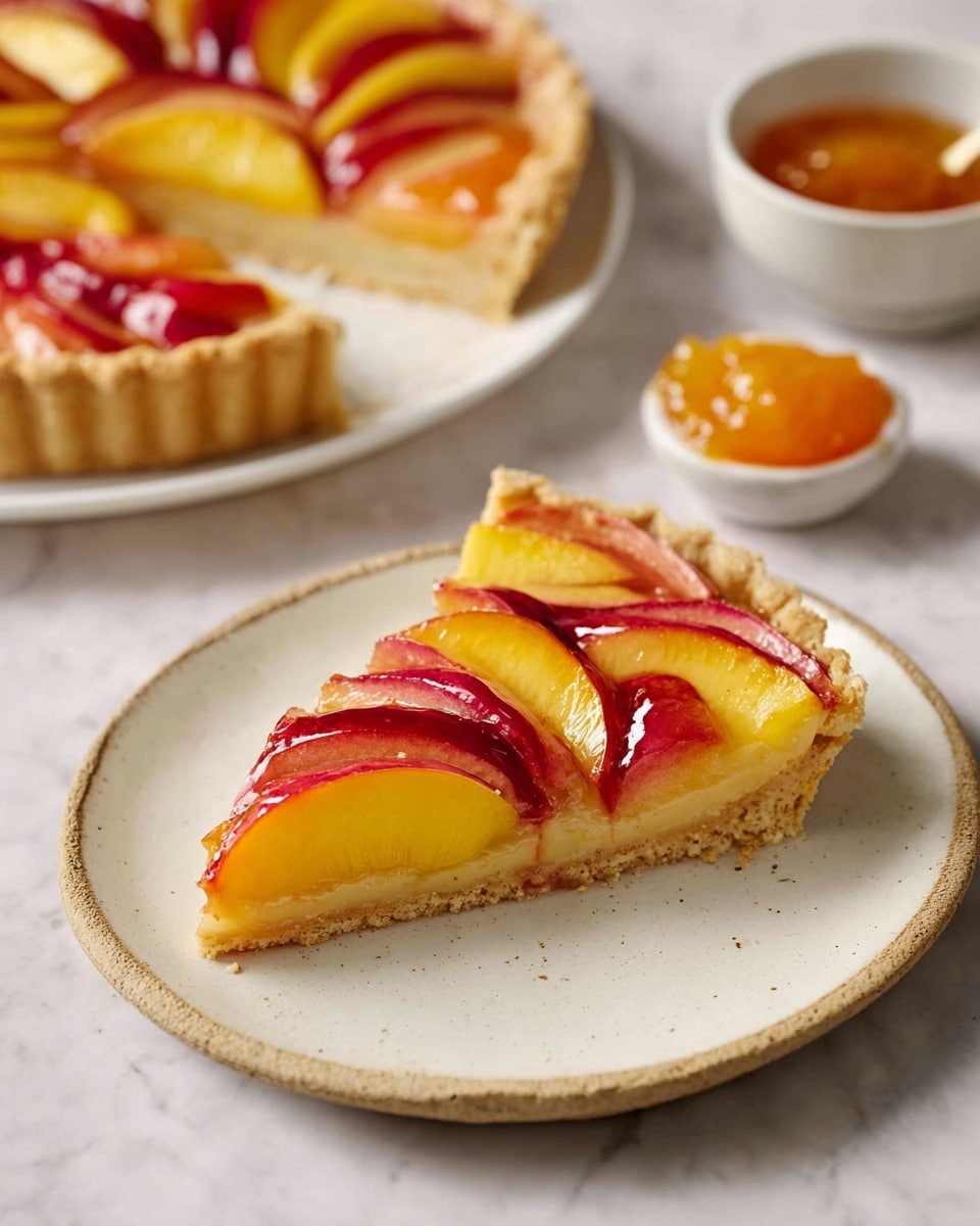 A single slice of fruit tart sits flat on a round white plate with a slightly rough texture. The tart has three layers: a light golden-brown crust on the bottom, a thin shiny glaze layer on top, and neatly arranged slices of peach and apple with their yellow, orange, and pink-red colors fading gently into each other. In the background, a white plate holds the rest of the tart, showing the same fruit arrangement in a circular pattern, and a small white bowl holds orange jam. The setting rests on a white marbled surface. photo taken with an iphone --ar 4:5 --v 7