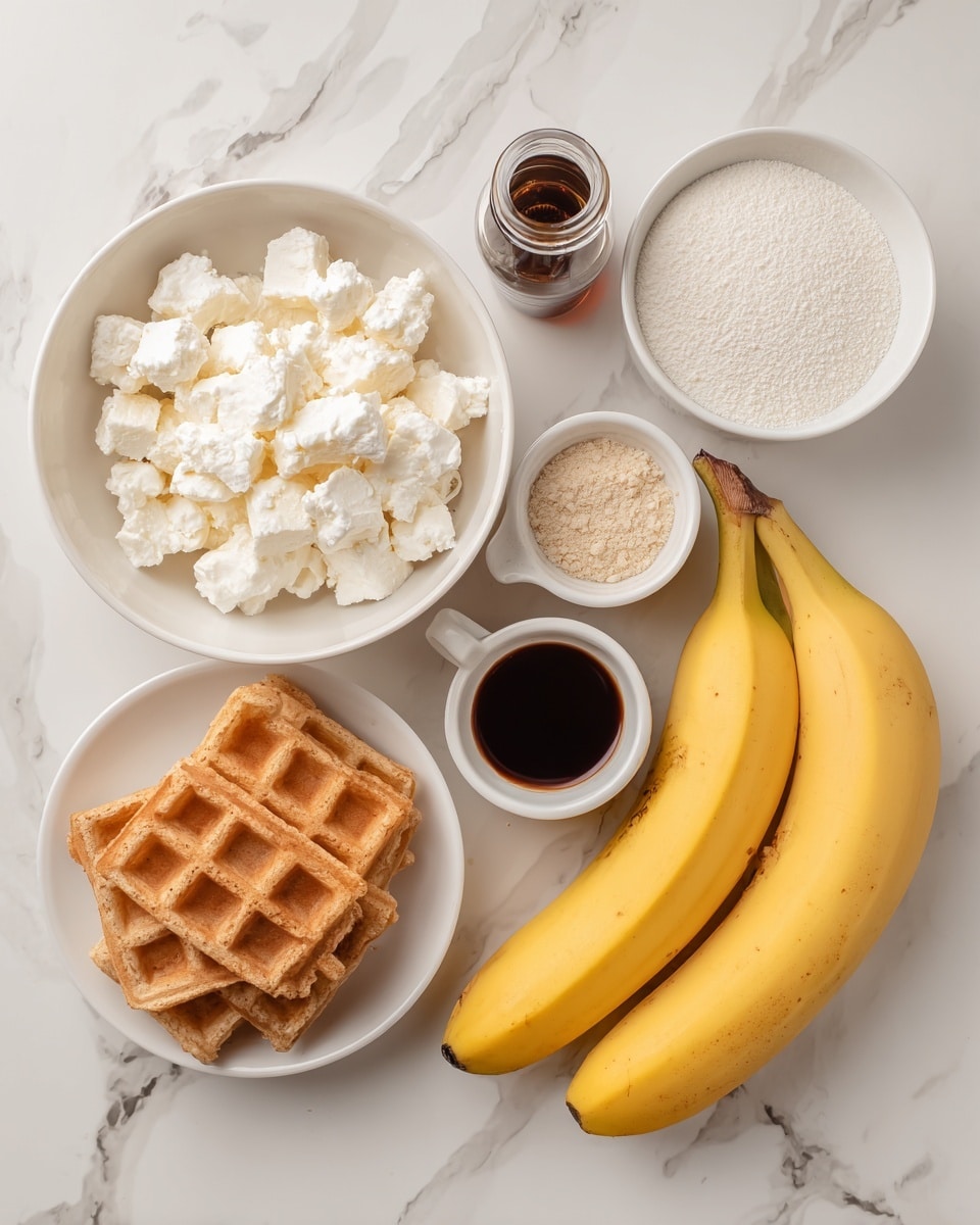 A top view of several ingredients placed on a white marbled surface: in the center right, three whole yellow bananas with brown tips lay together; to the top left, a large white bowl filled with white chunky cottage cheese; below it, a small white bowl with light beige protein powder; next to that, a smaller white bowl filled with fine white banana pudding mix; above these, a small white cup holding dark brown maple or sugar-free syrup; beside the bananas, a tiny bottle of dark vanilla extract; and to the left, a small white bowl containing round golden waffles stacked together with a few crumbs nearby. photo taken with an iphone --ar 4:5 --v 7
