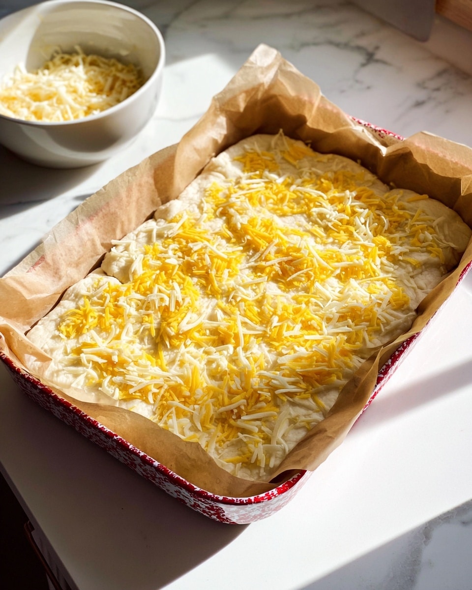 The image shows a rectangular baking dish lined with parchment paper, filled with an uncooked layered dish. The first layer is a soft, pale dough that fills the bottom of the dish. On top of this dough, there is a generous layer of shredded cheese in yellow and white colors, spread evenly across the surface. The dish is placed on a white marbled countertop with bright natural light shining on it, creating shadows and highlights on the cheese and dough. In the background, there is a white bowl with some shredded cheese inside, placed on the same white marbled surface. The overall scene feels bright and fresh, with the baking dish standing out due to its red and white speckled rim. photo taken with an iphone --ar 4:5 --v 7