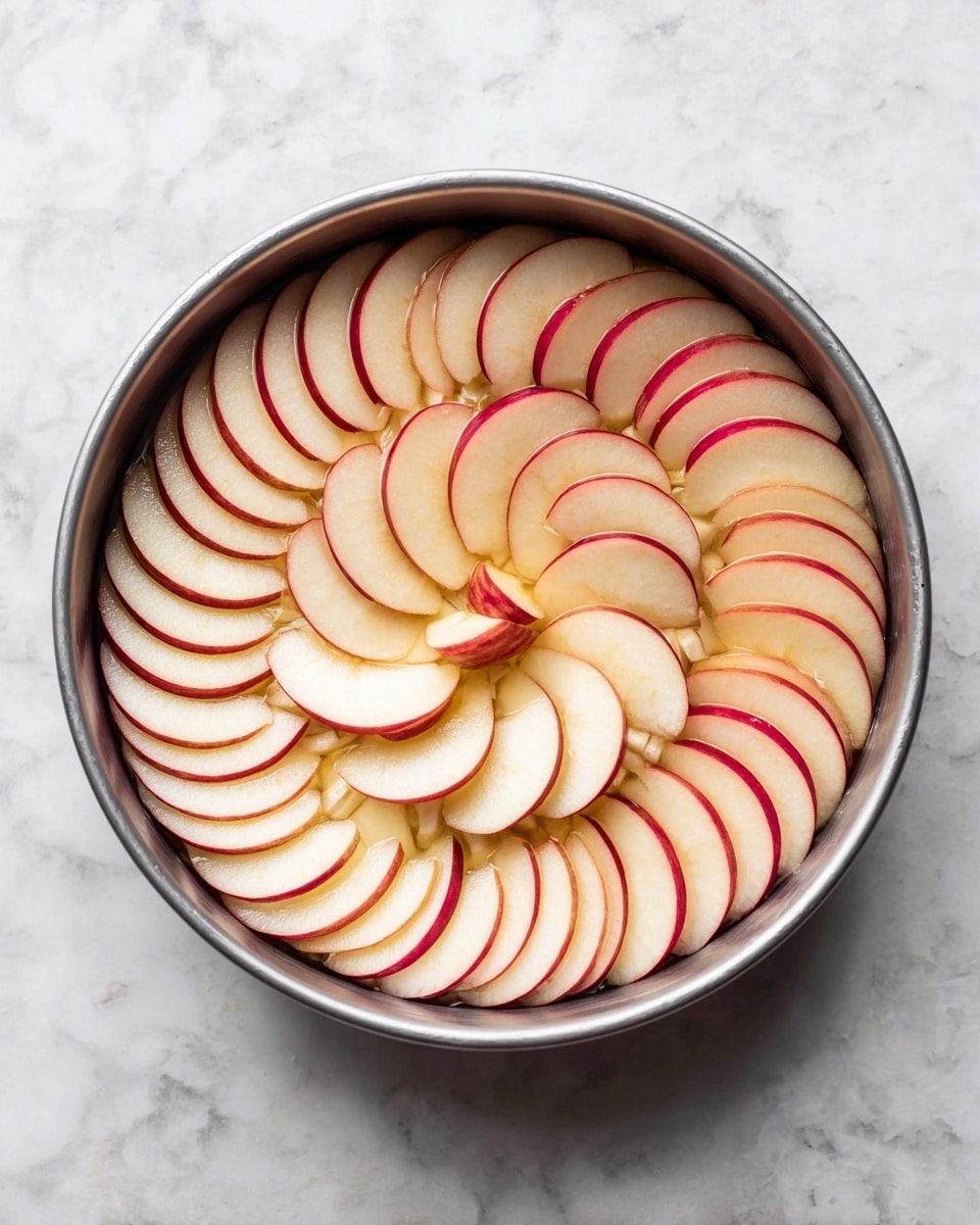 A round metal pan holds thin apple slices arranged in a spiral pattern, covering the entire top surface. The apple slices have red edges and pale cream centers, overlapping each other neatly from the outer edge toward the center where they form a small cone shape. The pan sits on a white marbled surface, showing a clean and simple setup. Photo taken with an iphone --ar 4:5 --v 7