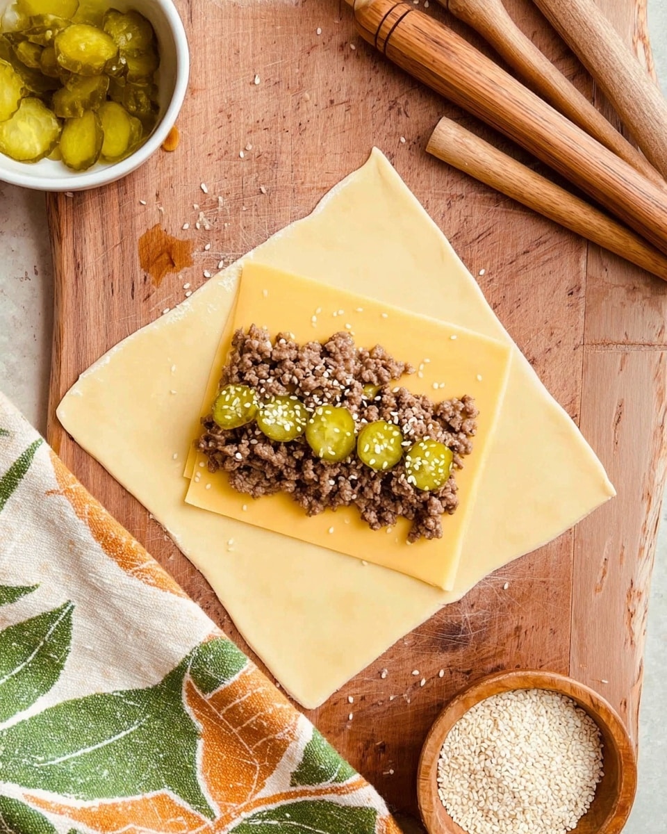 A single square layer of light tan dough rests flat on a wooden cutting board surface. On top of this dough is one square of pale yellow cheese. Over the cheese, a line of cooked ground brown beef is placed in the center. Scattered atop the beef are small slices of bright green pickles and a few white sesame seeds. To the left side of the cutting board, there is a white bowl with green pickle slices inside. Near the top right are two wooden basting brushes and a folded cloth with a green leaf and orange pattern. At the bottom right corner, there is a small wooden bowl filled with white sesame seeds. Photo taken with an iphone --ar 4:5 --v 7