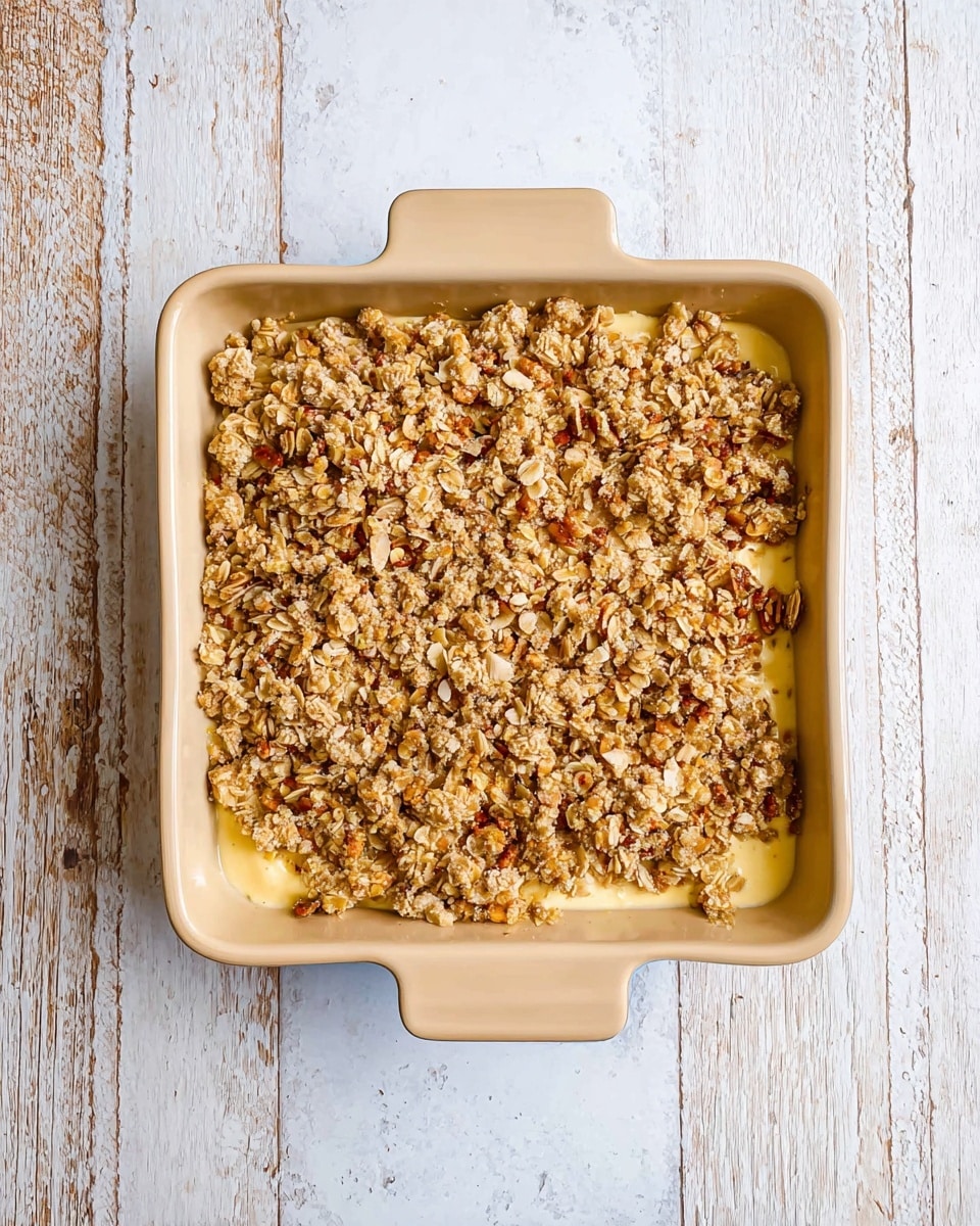 This image shows a light beige square baking dish with two handles filled with an unbaked dessert. The bottom layer, partly visible at the edges, is a smooth, pale yellow filling. On top, a thick layer of a crumbly oat and nut topping covers the whole surface. The topping is golden brown with pieces of oats and small chunks of nuts, giving it a rough texture. The dish is on a white marbled surface with worn wooden patterns in the background. photo taken with an iphone --ar 4:5 --v 7