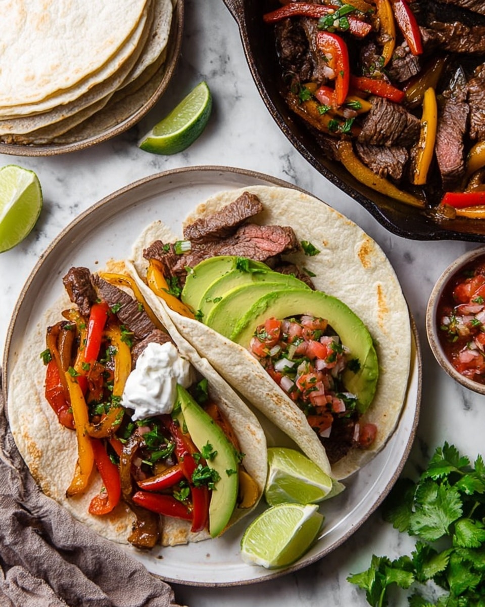 Two soft white tortillas lie side by side on a white plate with one taco open and the other partially closed; both are filled with three layers: the bottom layer is dark grilled beef pieces mixed with sautéed red, yellow, and orange bell peppers and onions, the middle of the open taco has fresh green cilantro and vibrant red and white pico de gallo, and the top layer features three thick, smooth light green avocado slices on the partially closed taco, while the open taco has a dollop of white sour cream. Three lime wedges rest on the bottom right of the plate. The background is a white marbled surface with a cast iron skillet in the top right filled with more cooked beef and peppers, a bowl of salsa to the far right, fresh cilantro leaves scattered around, and a stack of soft white tortillas in the bottom left corner. Photo taken with an iphone --ar 4:5 --v 7