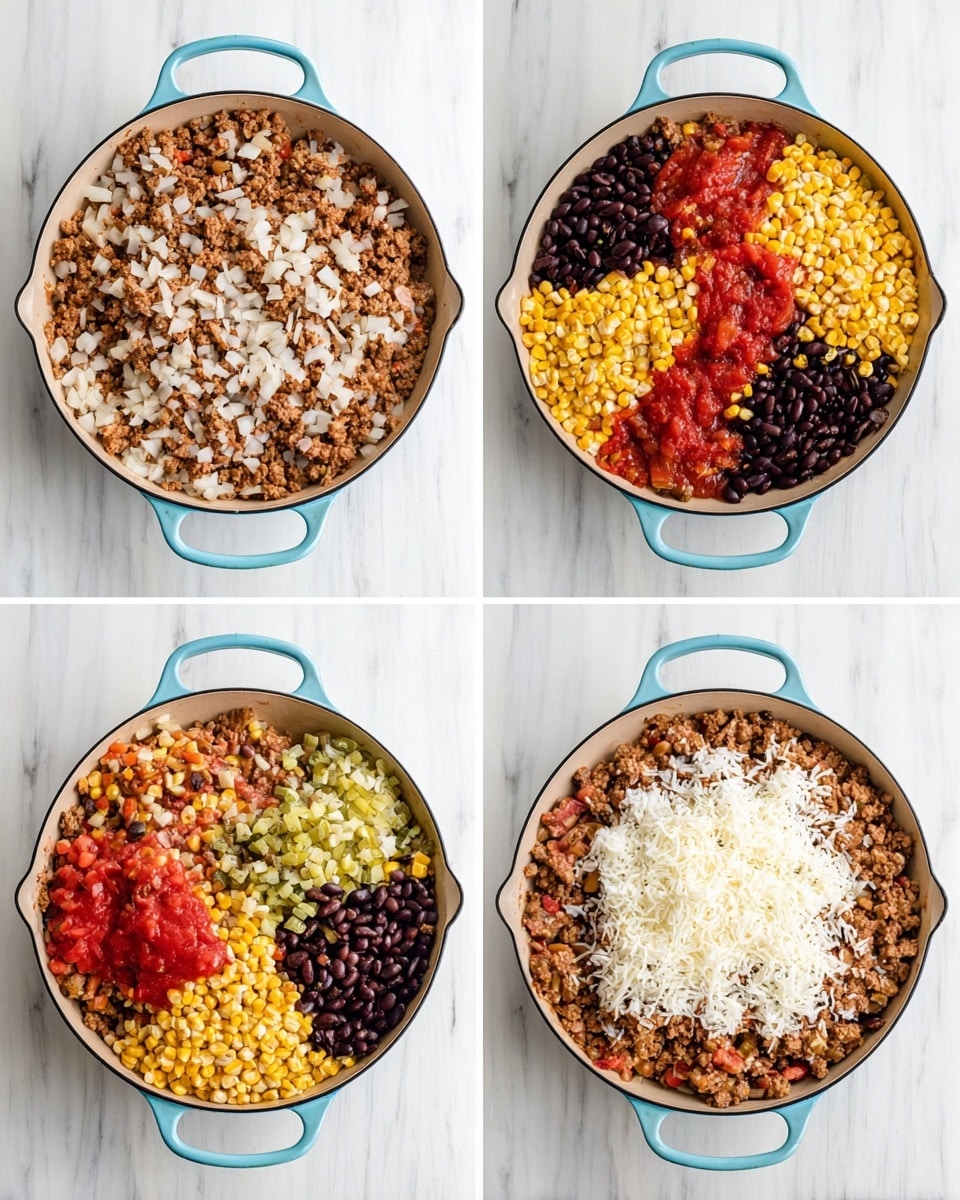 The image shows a sequence of four photos featuring a light blue-handled cast iron pan on a white marbled surface. In the first photo, the pan contains cooked ground meat mixed with chopped white onions, forming a light brown and beige layer. The second photo adds four toppings arranged in separate sections on top of the meat: dark purple black beans, bright yellow corn, red tomato sauce, and light green chopped pickled vegetables. In the third photo, white cooked rice is added in the center on top of the mixed layers of meat, beans, corn, tomatoes, and pickles, partially covering them. The fourth photo shows the same pan with the ingredients mixed together, and a layer of shredded white cheese sits in the middle on top of the mixture. photo taken with an iphone --ar 4:5 --v 7