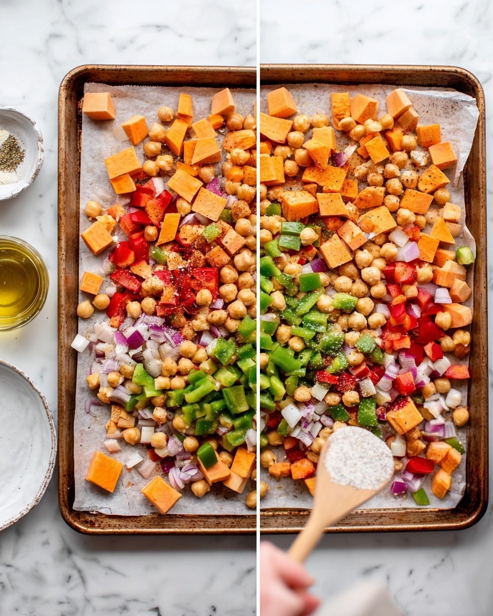 The image shows a baking tray lined with parchment paper placed on a white marbled surface. On the tray, there is a colorful mix of chopped vegetables and chickpeas spread out in a single layer. The vegetables include orange sweet potato cubes, green bell pepper pieces, red bell pepper chunks, and small white onion pieces, arranged somewhat randomly but evenly across the tray. The chickpeas are scattered mostly in the center. In the second part of the image, a woman's hand is seen pouring a white granular seasoning over the vegetables and chickpeas using a wooden spoon. Nearby, there is a small white plate with additional seasoning and a small bottle of oil partially visible. The overall colors are bright and fresh. Photo taken with an iphone --ar 4:5 --v 7