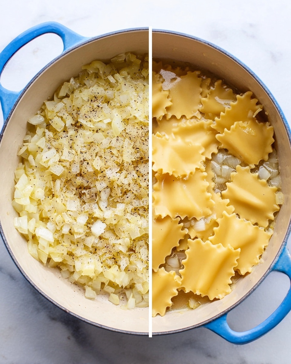 The image shows two stages of cooking in a blue pot with a white inside, placed on a white marbled surface. On the left side, there is one layer of finely chopped onions that are cooked until soft and slightly golden, with some black pepper sprinkled over them, creating a textured light yellow and white mix. On the right side, the pot contains a single layer of uncooked wide lasagna noodles with wavy edges, laid flat and overlapping in some parts, partially submerged in a light golden liquid with small pieces of onions floating around. The pot handles are visible at the top, and the lighting highlights the soft textures of the onions and noodles. photo taken with an iphone --ar 4:5 --v 7
