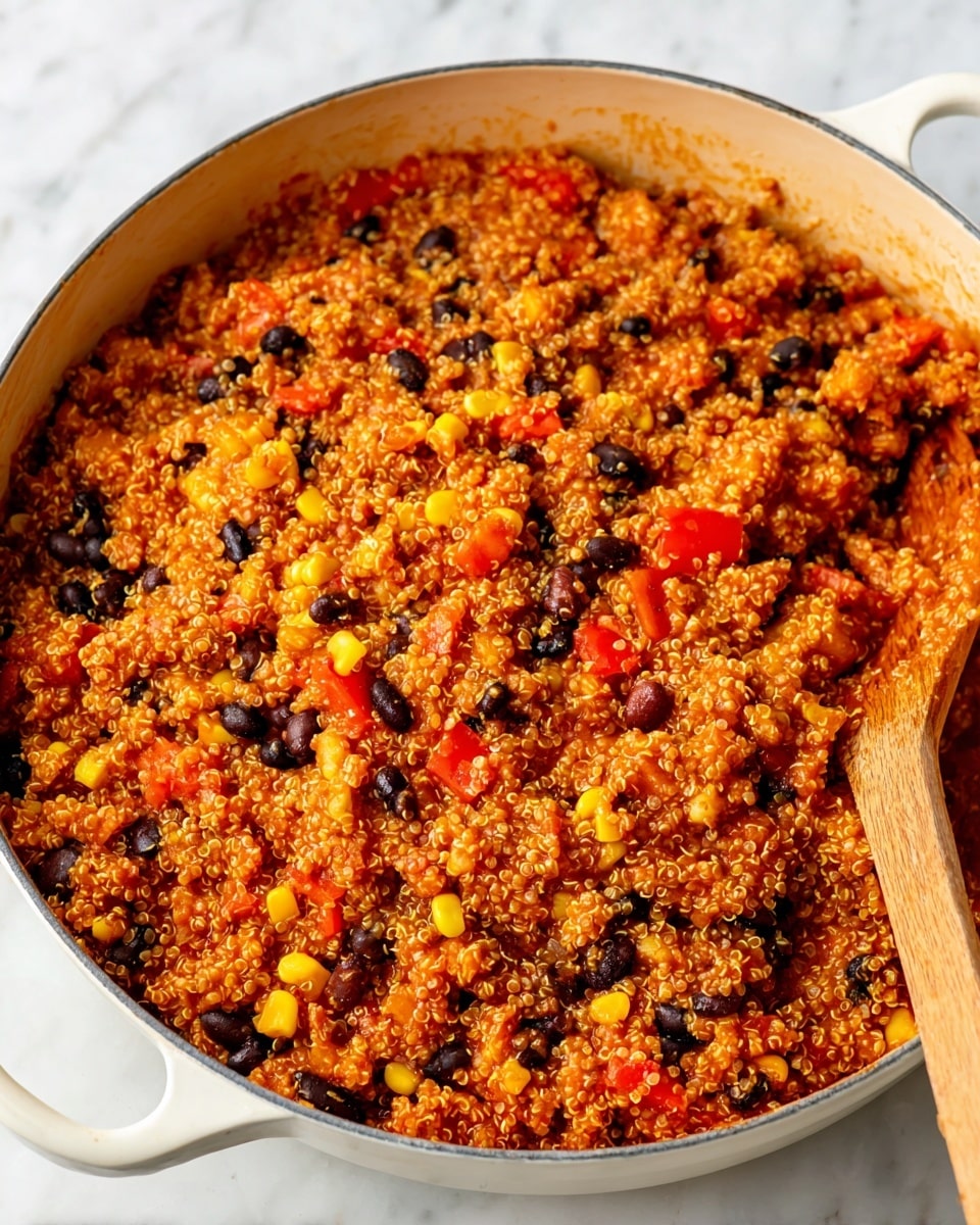 The image shows a close-up of a deep white enameled pan filled with a colorful quinoa dish. The dish has three main layers: a base of small, light beige quinoa grains, mixed throughout with bright yellow corn kernels, black beans, and small pieces of red bell pepper. The quinoa is coated in a reddish-orange sauce, making the whole mix look moist and inviting. The pan is on a white marbled surface, and a wooden spoon is partially visible on the right stirring the dish. Photo taken with an iphone --ar 4:5 --v 7