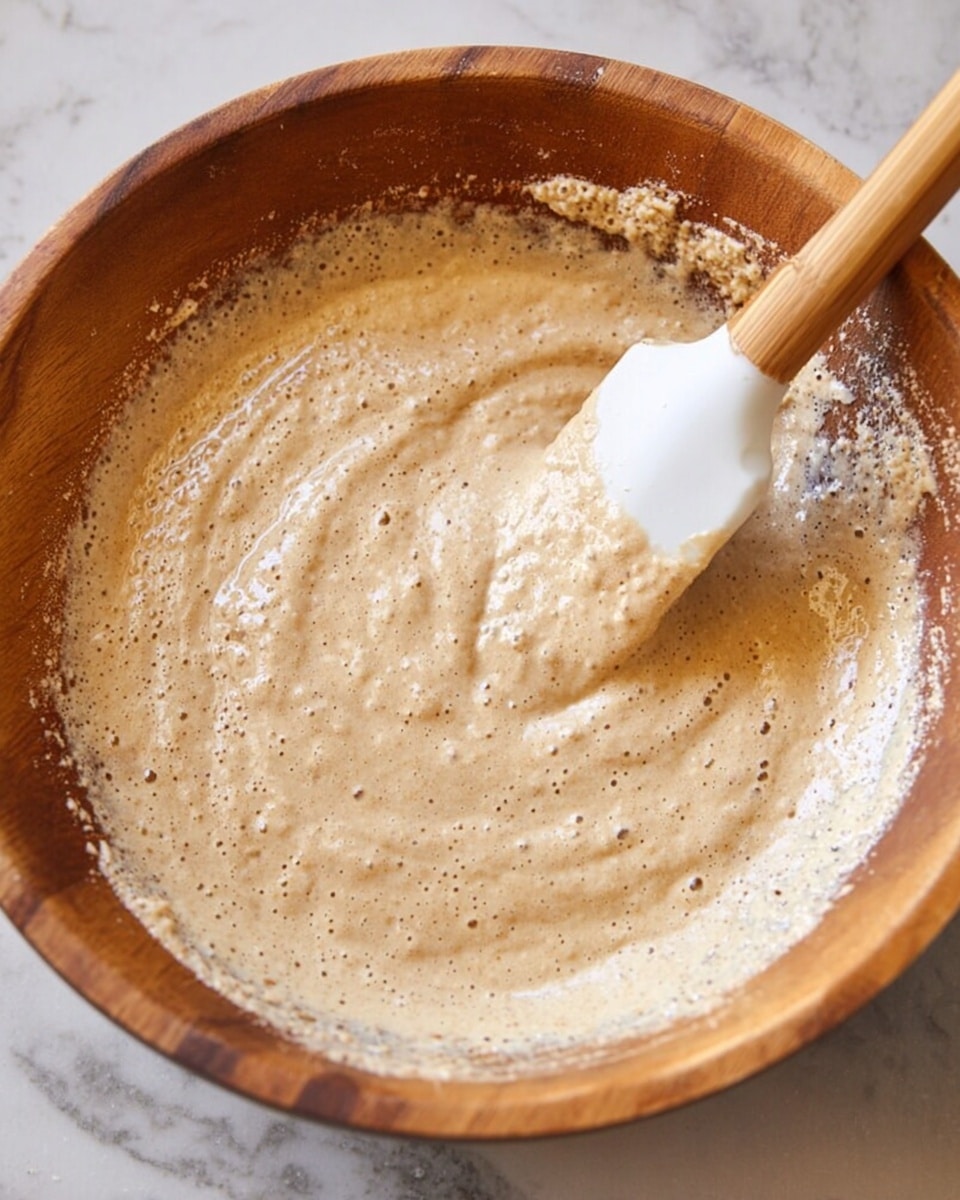 A close-up view of a wooden bowl filled with a bubbly, light tan batter being mixed with a white and brown spatula. The batter has a thick and frothy texture with small lumps scattered throughout. The bowl sits on a white marbled surface, and the spatula is partially submerged in the batter, showing some batter coating its edge. Photo taken with an iphone --ar 4:5 --v 7