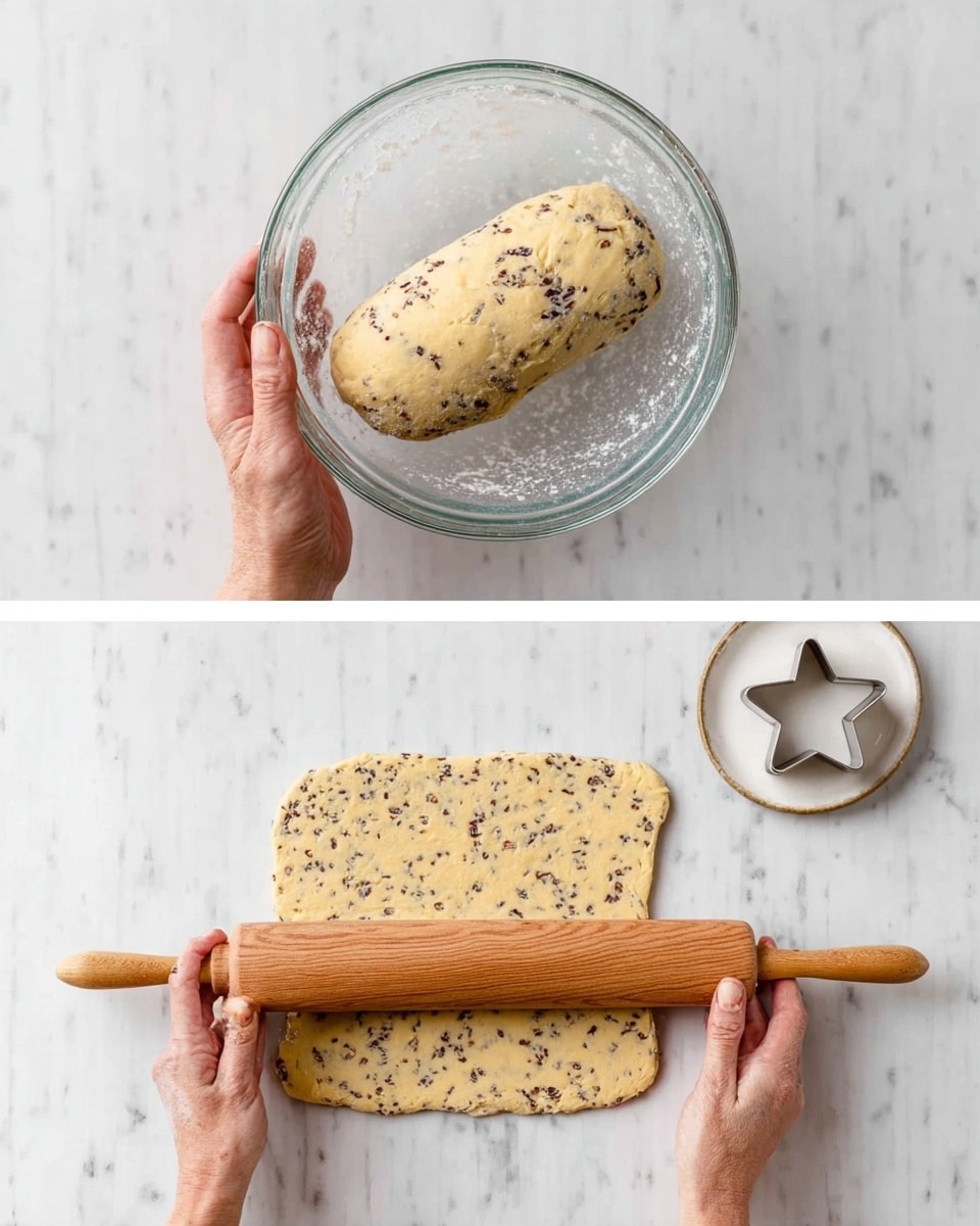 A woman's hand holds a smooth oval dough mixed with small dark bits, positioned above a clear glass bowl, against a white marbled surface. In the next image, two woman's hands roll out the same dough into a rough rectangular shape with a wooden rolling pin, the dough showing the same dark bits evenly spread throughout, placed on a white marbled surface with a white plate holding a star-shaped cutter nearby. photo taken with an iphone --ar 4:5 --v 7