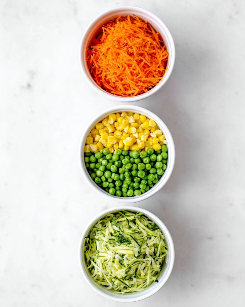 Four small white round bowls are placed in a straight vertical line on a white marbled surface. From top to bottom, the first bowl holds bright orange shredded carrots with a soft texture. The second bowl contains yellow cut corn kernels, smooth and plump. The third bowl is filled with green peas that have a slightly frosty look. The fourth bowl at the bottom contains shredded zucchini, which is pale green with dark green skin bits mixed in, showing a fresh and slightly moist texture. Photo taken with an iphone --ar 4:5 --v 7