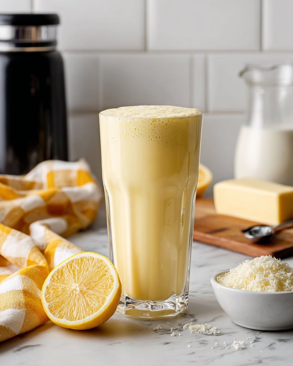 A tall clear glass filled with a smooth, pale yellow creamy drink, with a light frothy layer on top. The glass stands on a white marbled surface next to two lemon halves showing their juicy, bright yellow inside. In the background, there is a small white bowl filled with grated white cheese and a black spoon inside it, a block of light yellow butter on a wooden board, and a clear glass jug with white cream. A black coffee maker and a folded yellow and white checkered cloth are also visible against a white subway tile wall. photo taken with an iphone --ar 4:5 --v 7