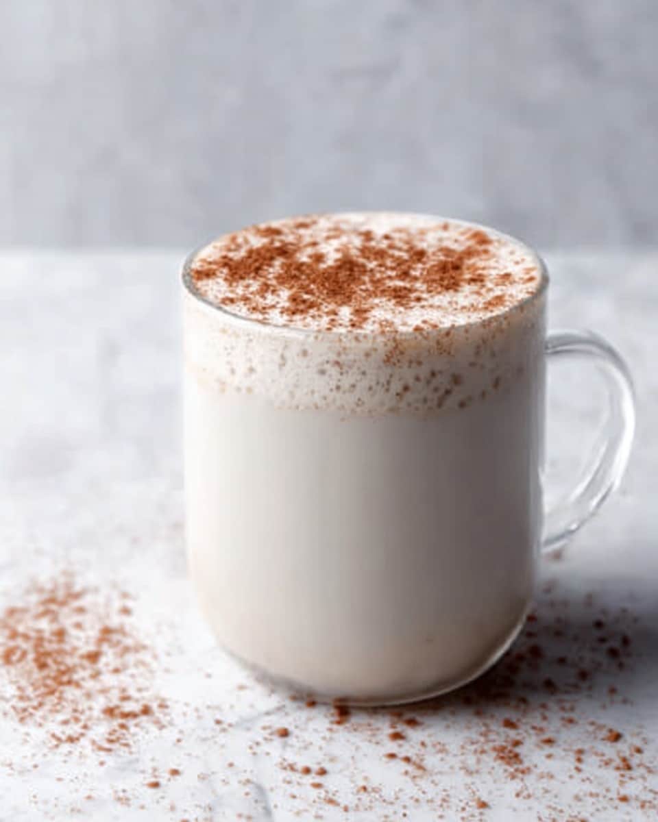 A clear glass mug filled with a creamy white drink topped with a layer of light brown powder sprinkled evenly on the surface, sitting on a white marbled texture with a few sprinkles of the same powder scattered around the base of the mug. photo taken with an iphone --ar 4:5 --v 7