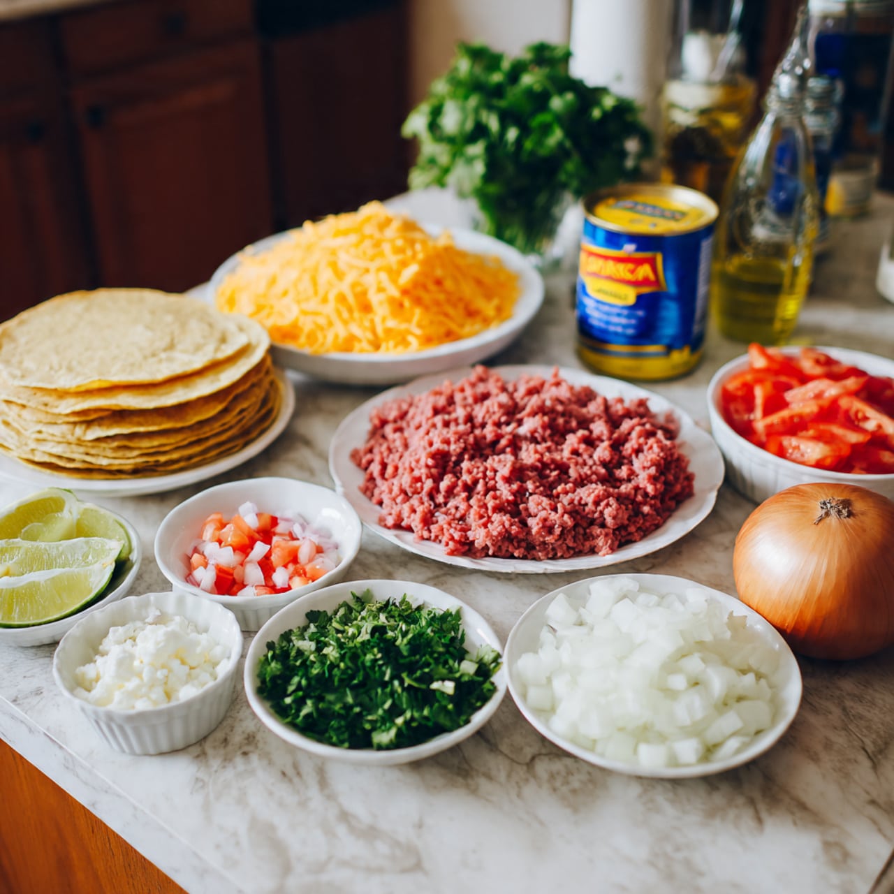 The image shows a wooden table with an array of food ingredients arranged neatly. On the left side, there is a white plate with four stacked tortillas. Next to it, there is a white plate filled with raw red ground meat. Behind it, a white plate holds shredded orange cheese with a few white onion pieces on top. In front, there are small white bowls containing chopped white onions, diced red tomatoes, chopped green cilantro, and white cheese crumbles. Lime wedges are placed near these bowls. On the right side, a whole onion and a blue can with yellow and red labeling sit together. In the background, there is a glass container with green herbs and a bottle of oil, all set against a blurred interior. The scene is on a white marbled textured surface. Photo taken with an iphone --ar 4:5 --v 7