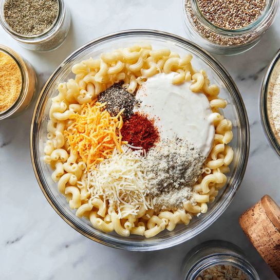 A clear glass bowl sits on a white marbled surface, filled with pale yellow elbow macaroni as the bottom layer taking up most of the space. On top of the macaroni, there is a thick white creamy layer with a smooth texture, partially covered by several small piles of spices in various colors: dark brown, light brown, bright orange shredded pieces, and a little black and white mix of seasonings. Around the bowl, there are jars and small containers with mustard and spices, some open and some closed. Photo taken with an iphone --ar 4:5 --v 7