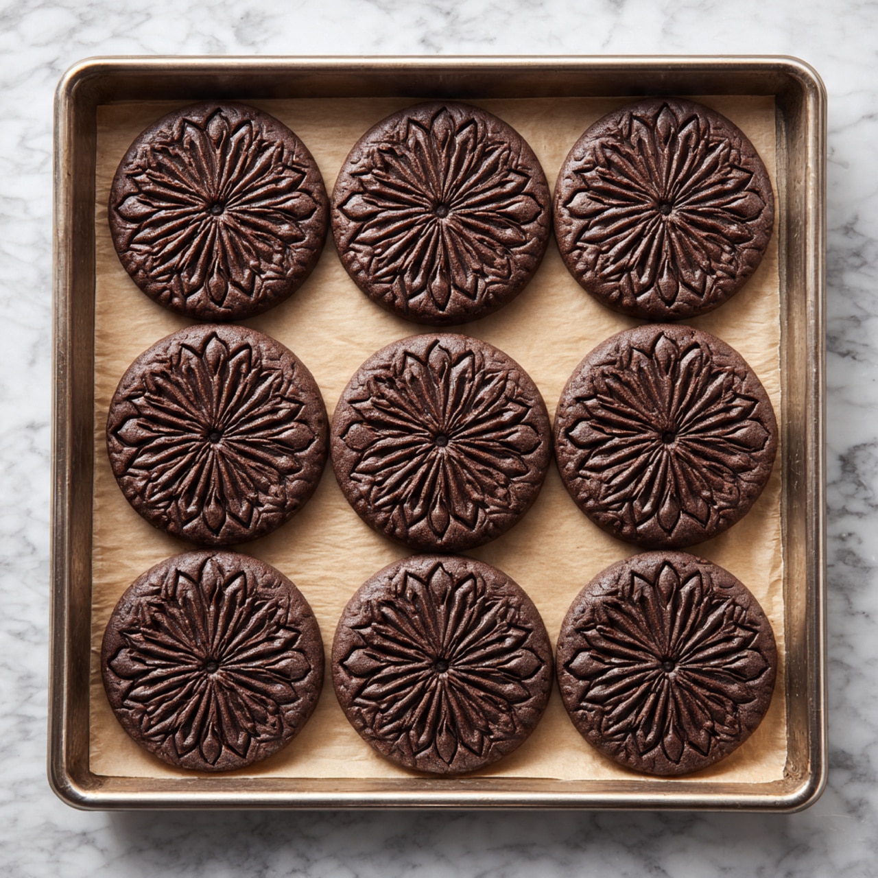 A metal baking tray lined with light brown parchment paper holds twelve round dark brown cookies. Each cookie has an intricate symmetrical floral pattern pressed into the surface, with petal shapes radiating from the center. The cookies are evenly spaced in neat rows of four by three. The background is a white marbled texture. photo taken with an iphone --ar 4:5 --v 7