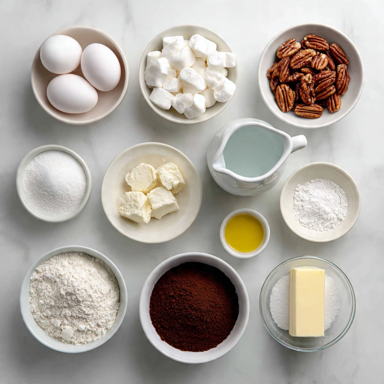 A white rectangular baking dish filled with a layered dessert that has a bottom layer of small white marshmallows topped with a rich, thick layer of chocolate sauce laced with whole and chopped marshmallows. The top chocolate layer is sprinkled evenly with small pieces of chopped pecans, adding texture and a nutty touch. The white marshmallows peek out around the edges under the chocolate, creating a contrast of colors and textures. The dish is placed on a white marbled surface with scattered pecans and marshmallows nearby and a glass jar of milk visible. Photo taken with an iphone --ar 4:5 --v 7