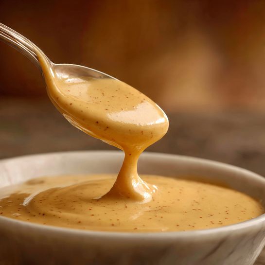 A close-up image of a shiny silver spoon holding thick, creamy beige sauce that drips slowly back into a bowl filled with the same smooth sauce mixed with small, round beige grains. The background is softly blurred with warm brown tones, emphasizing the rich texture of the sauce and the delicate glisten on the spoon’s surface, all set against a white marbled texture. photo taken with an iphone --ar 4:5 --v 7